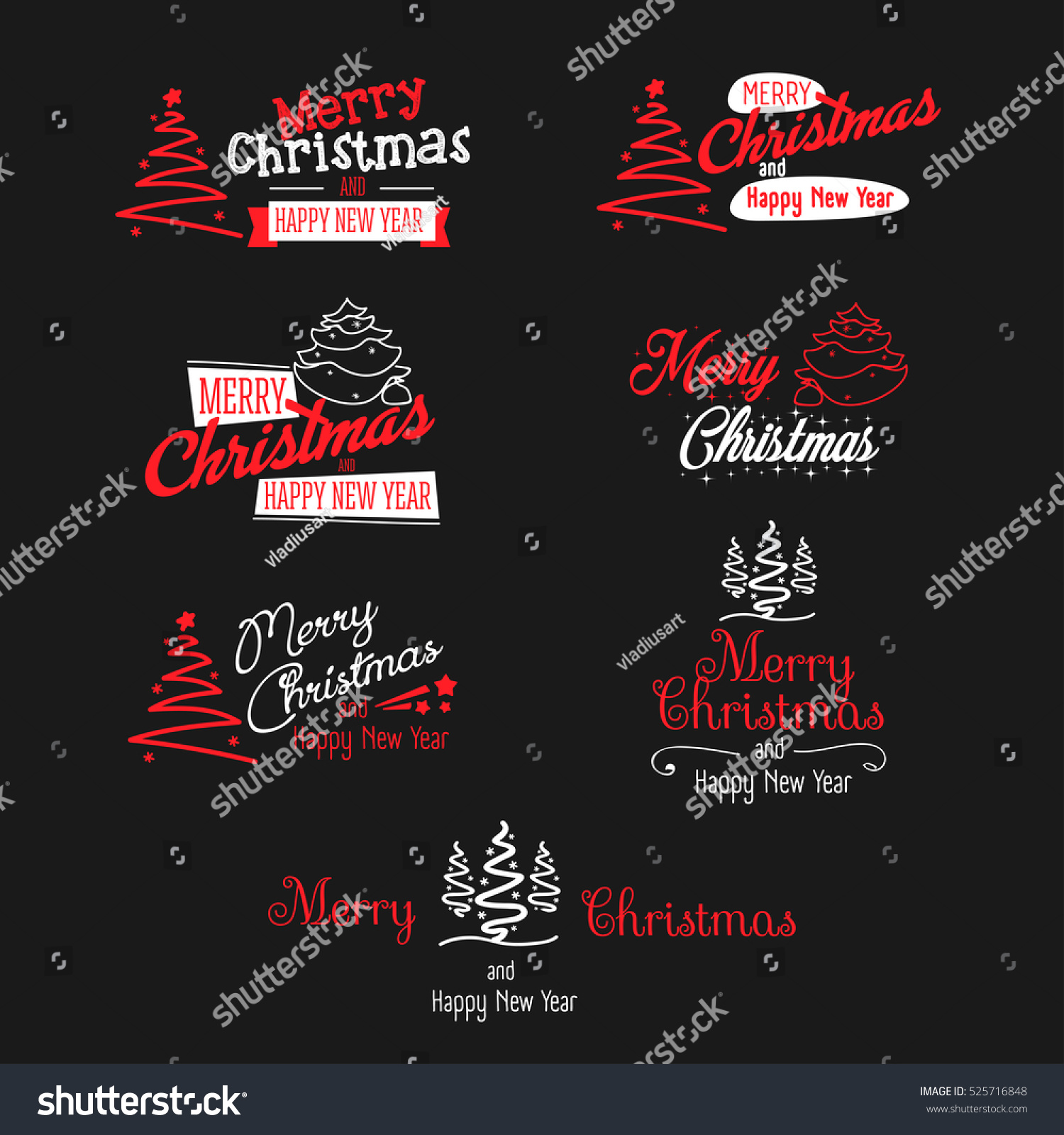 Merry christmas and happy new year signs set Red