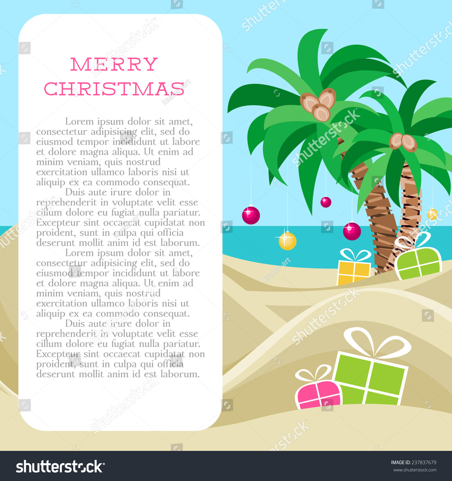 Merry Christmas at the tropical beach Template for card or poster for Christmas greetings