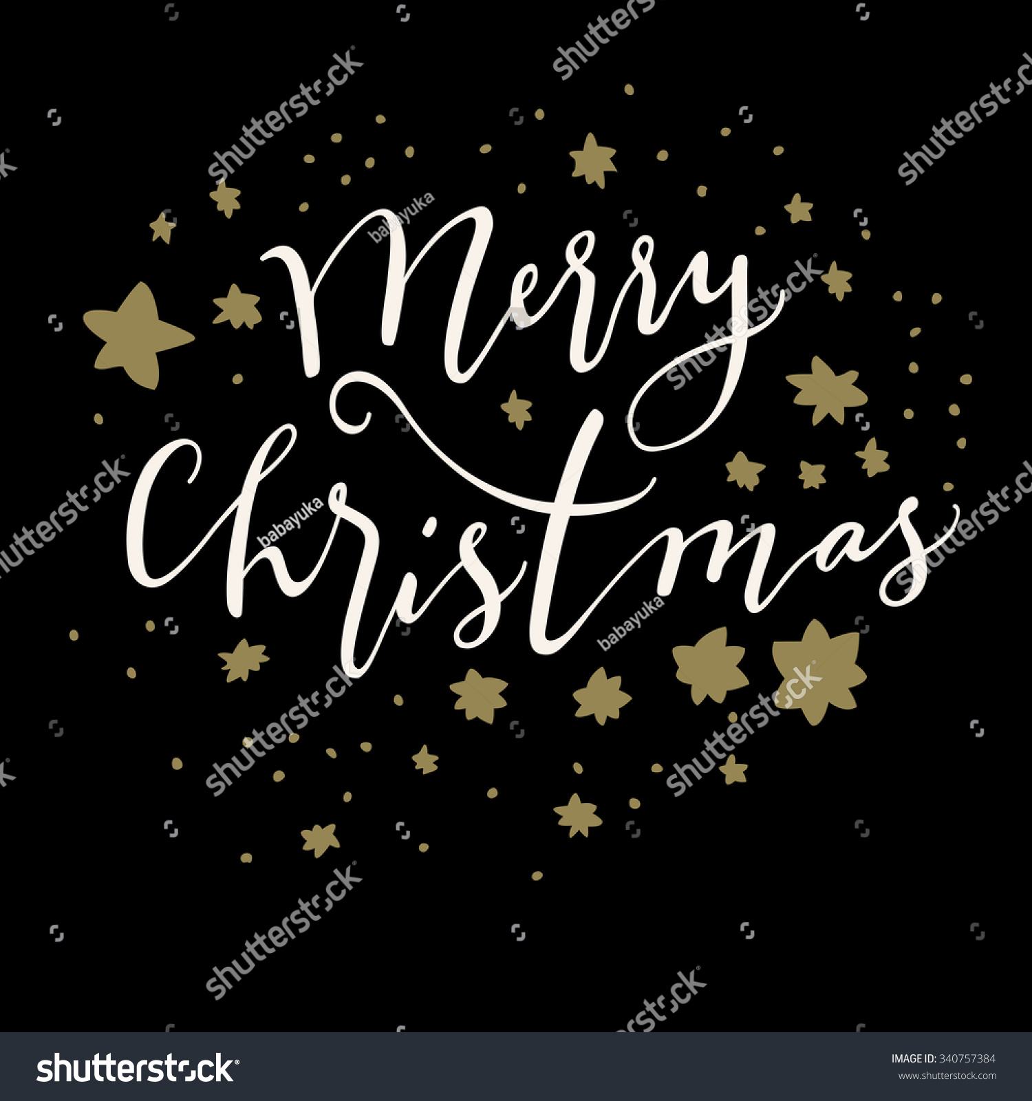 Merry Christmas Calligraphic Card In Retro Style On Black Background With Stars. Vector