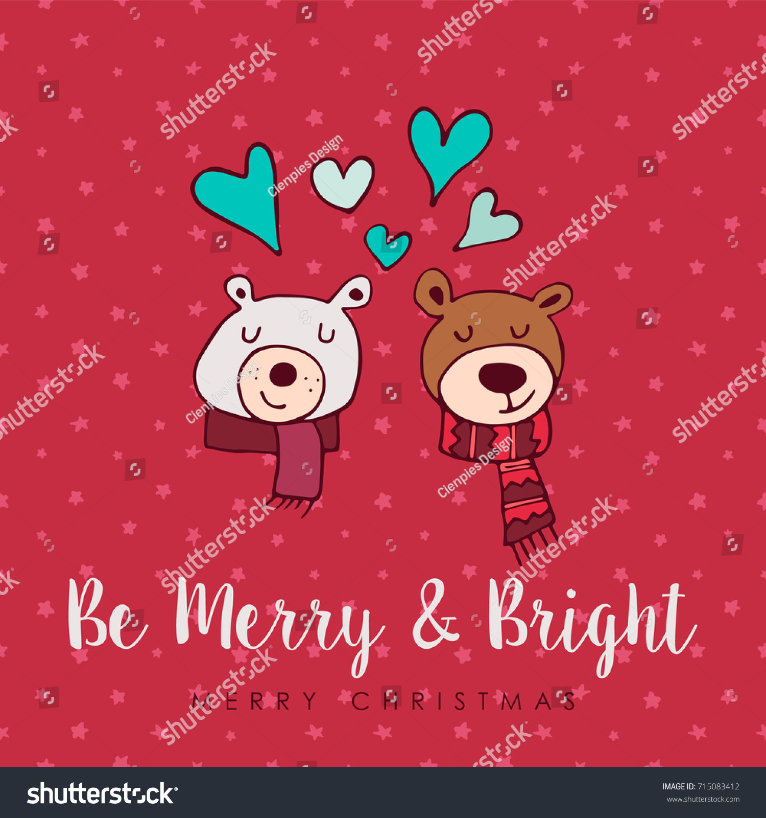 Merry Christmas hand drawn bear greeting card illustration Cute animals in love cartoon with heart