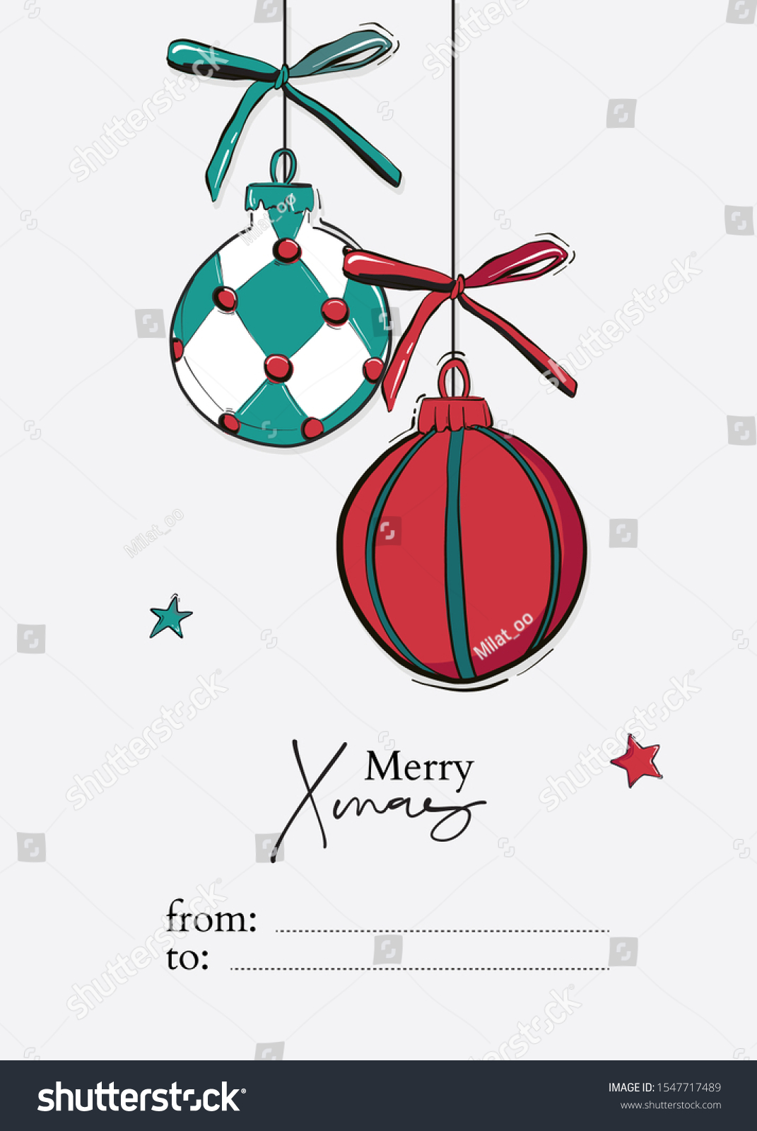 SVG of Merry Christmas hand drawn card with New Year bauble balls and stars, bows in green red traditional color. Vector sketch illustration, greeting card design svg