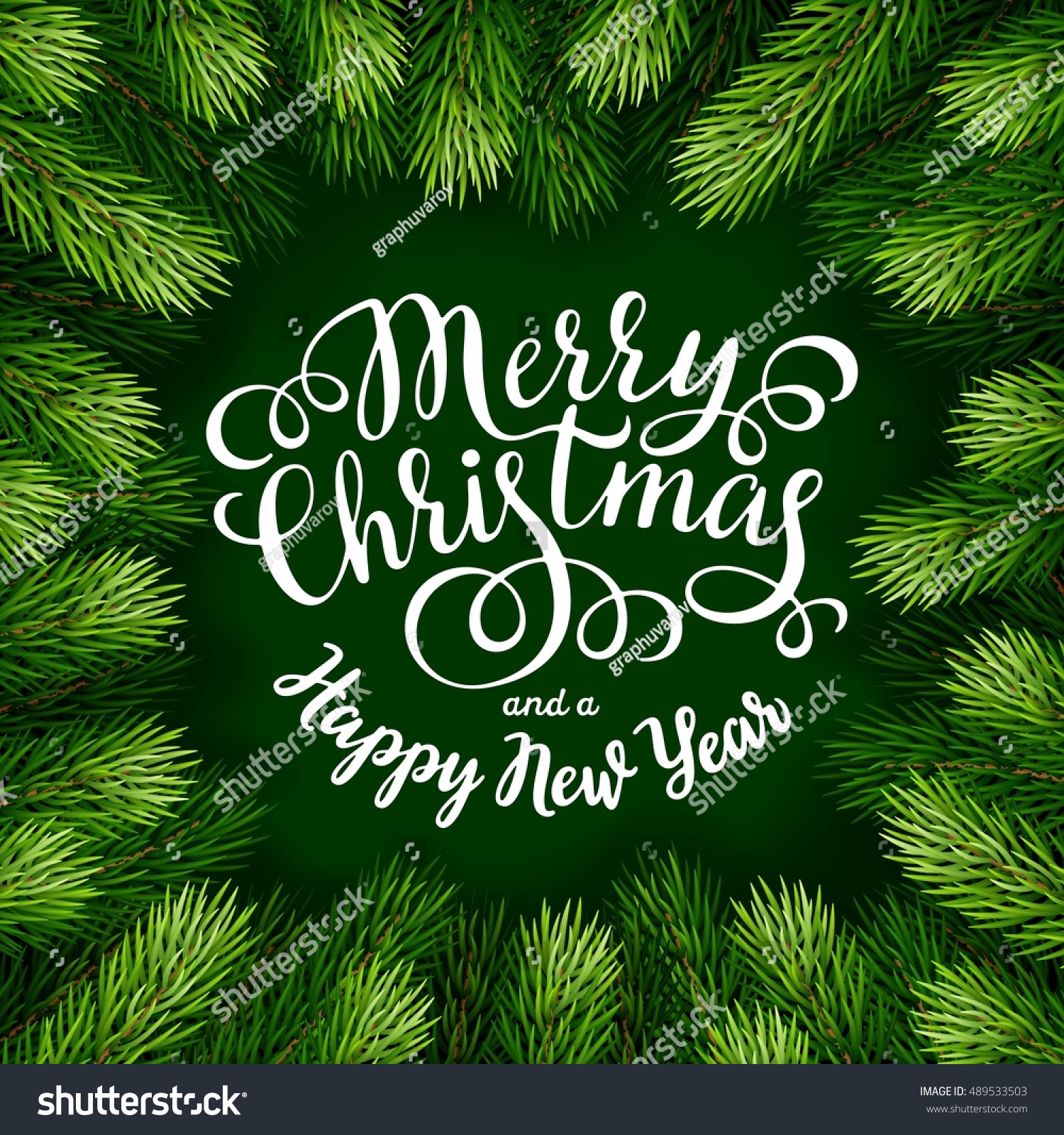 Merry Christmas Hand Lettering Inscription With Frame Of Fir Branches ...