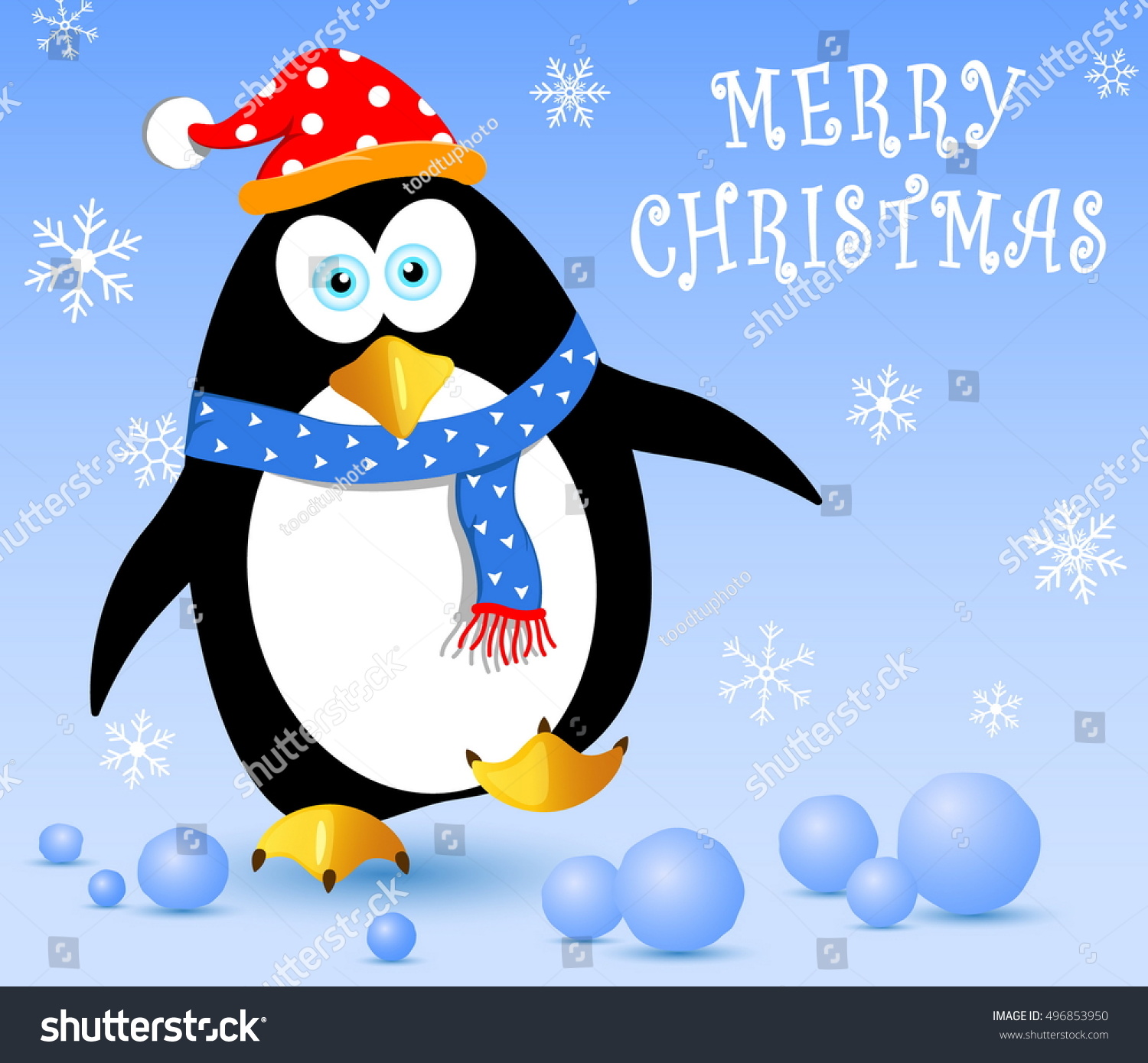 Merry Christmas Happiness Penguin On Snow Stock Vector 496853950 ...