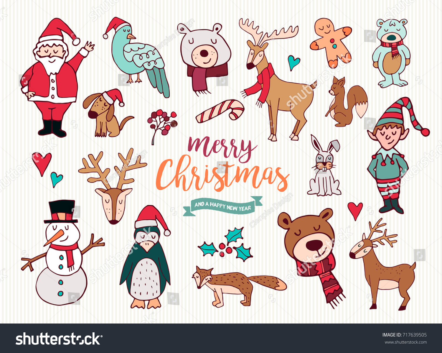 メリークリスマスハッピーニューイヤーかわいいお祭り気分のアニメエレメントコレクション 手描きのホリデーデコレーションのセット サンタクロース クリスマストナカイ 雪だるまなど Eps10のベクター画像 のベクター画像素材 ロイヤリティフリー