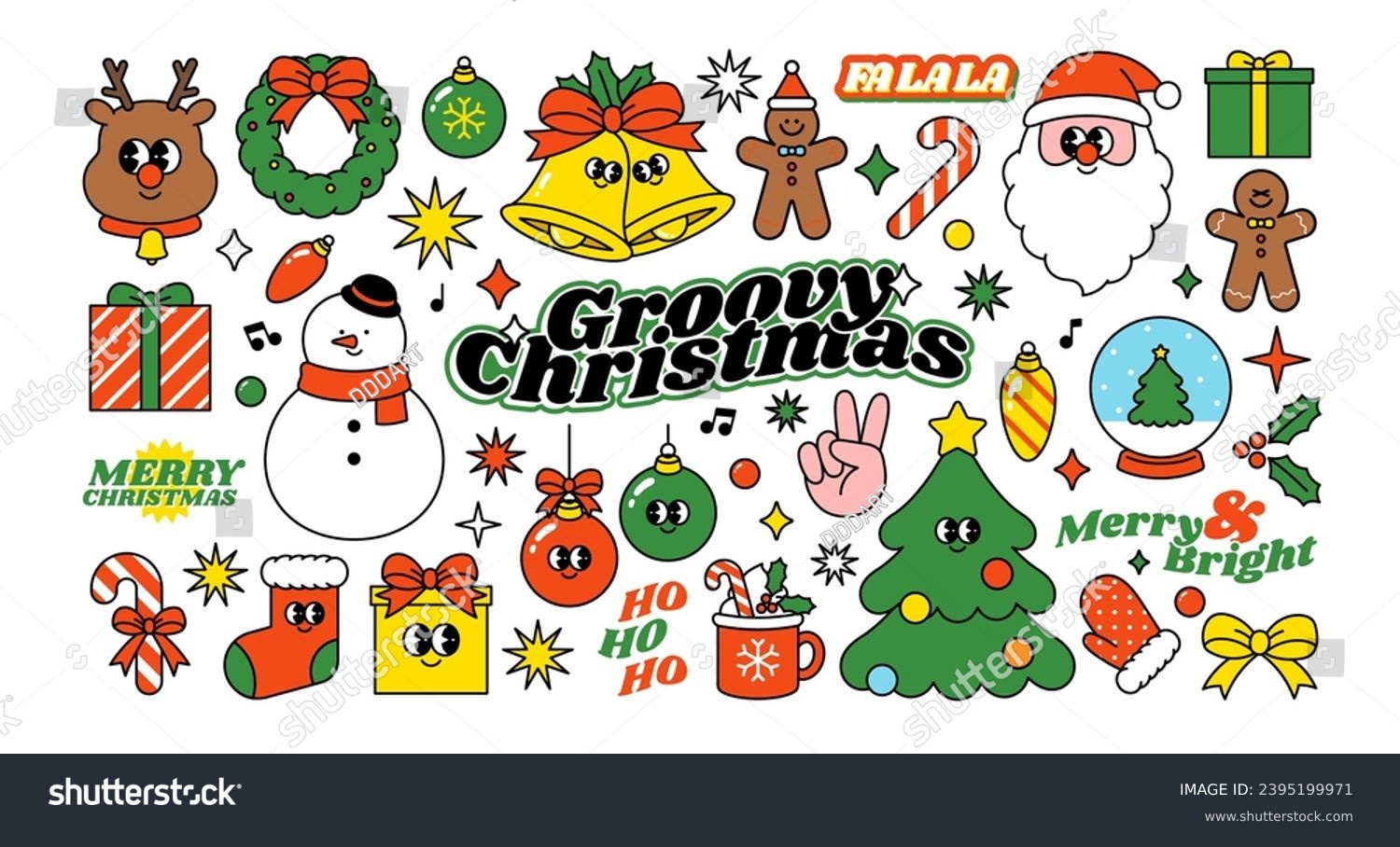 SVG of Merry Christmas, Happy New year cute sticker pack. Groovy patch collection. funny Xmas label set. Holiday design bundle. Hippie 70s 60s trendy retro cartoon style. Vintage vector flat illustration. svg