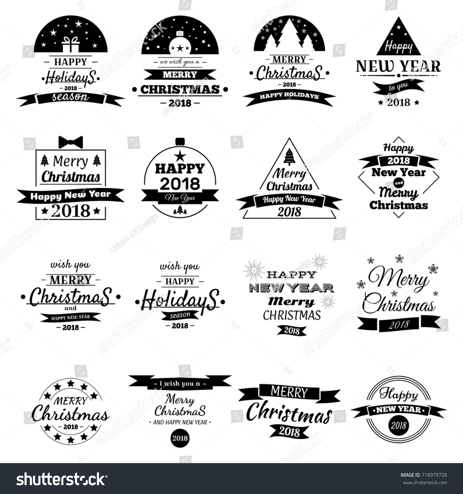 Merry Christmas & Happy New Year 2018 Typography set Vector logos emblems