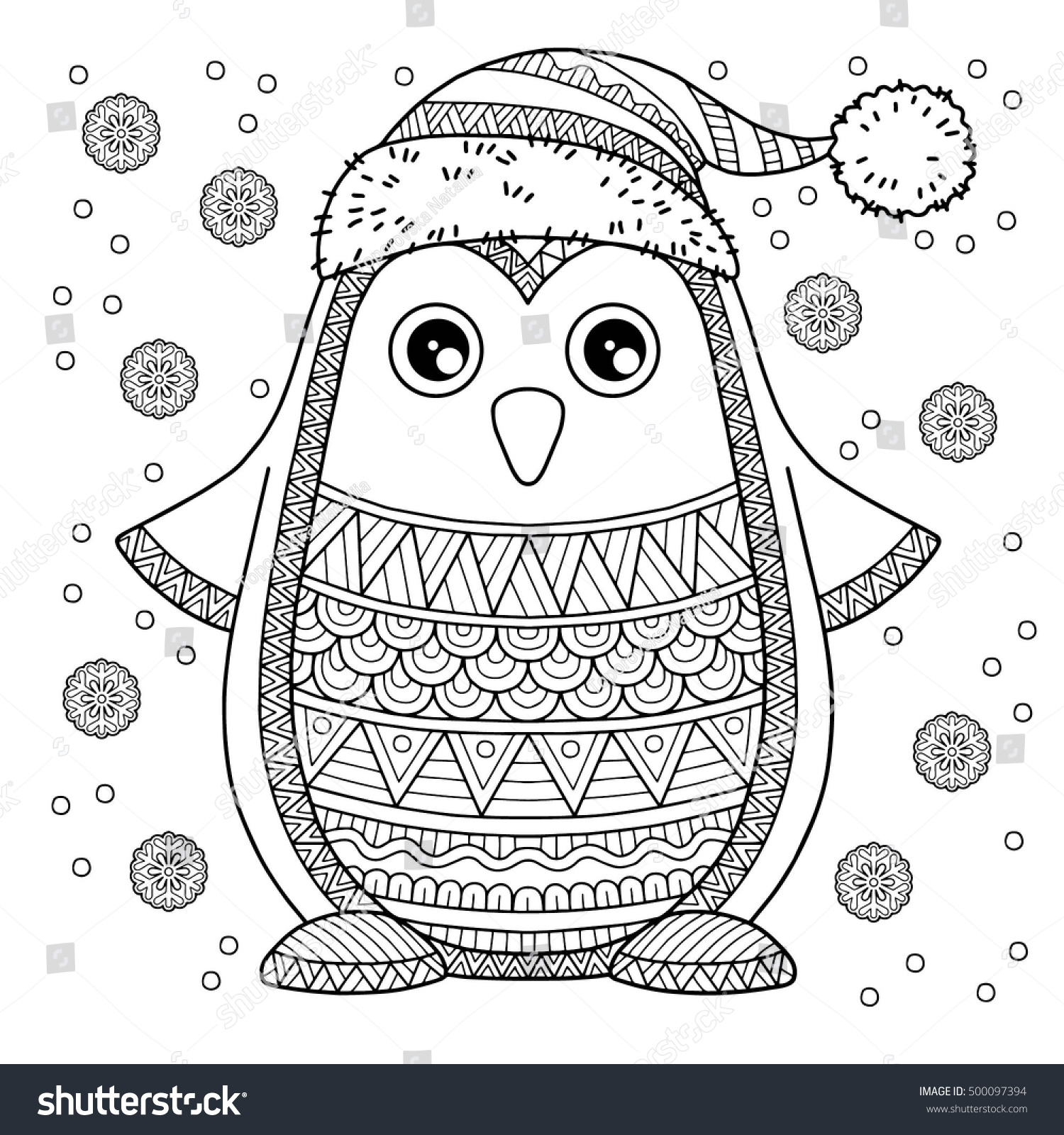 Merry Christmas Jolly Penguin The detailed coloring pages for adults Image for design