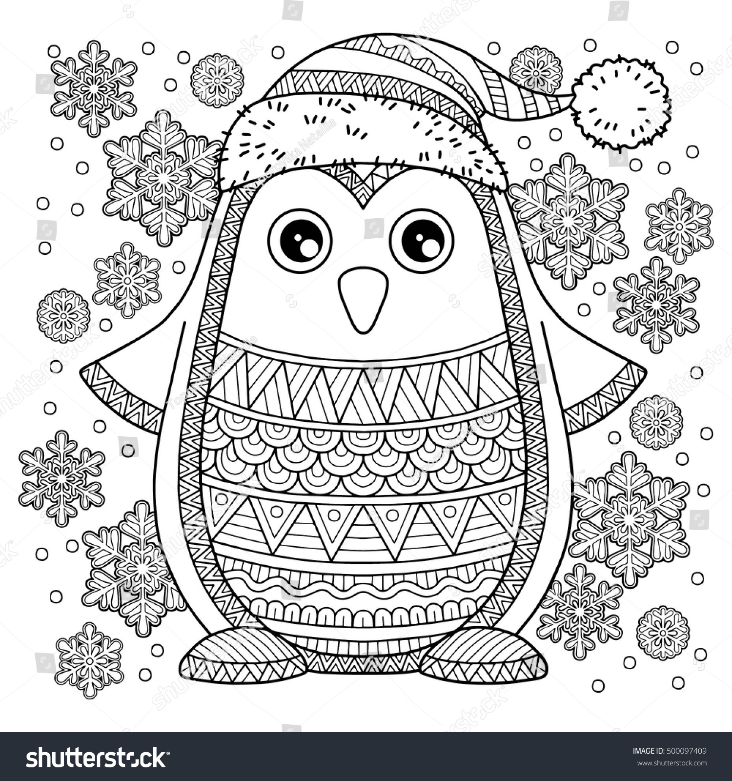 Merry Christmas Jolly Penguin Detailed Coloring Stock Vector ...