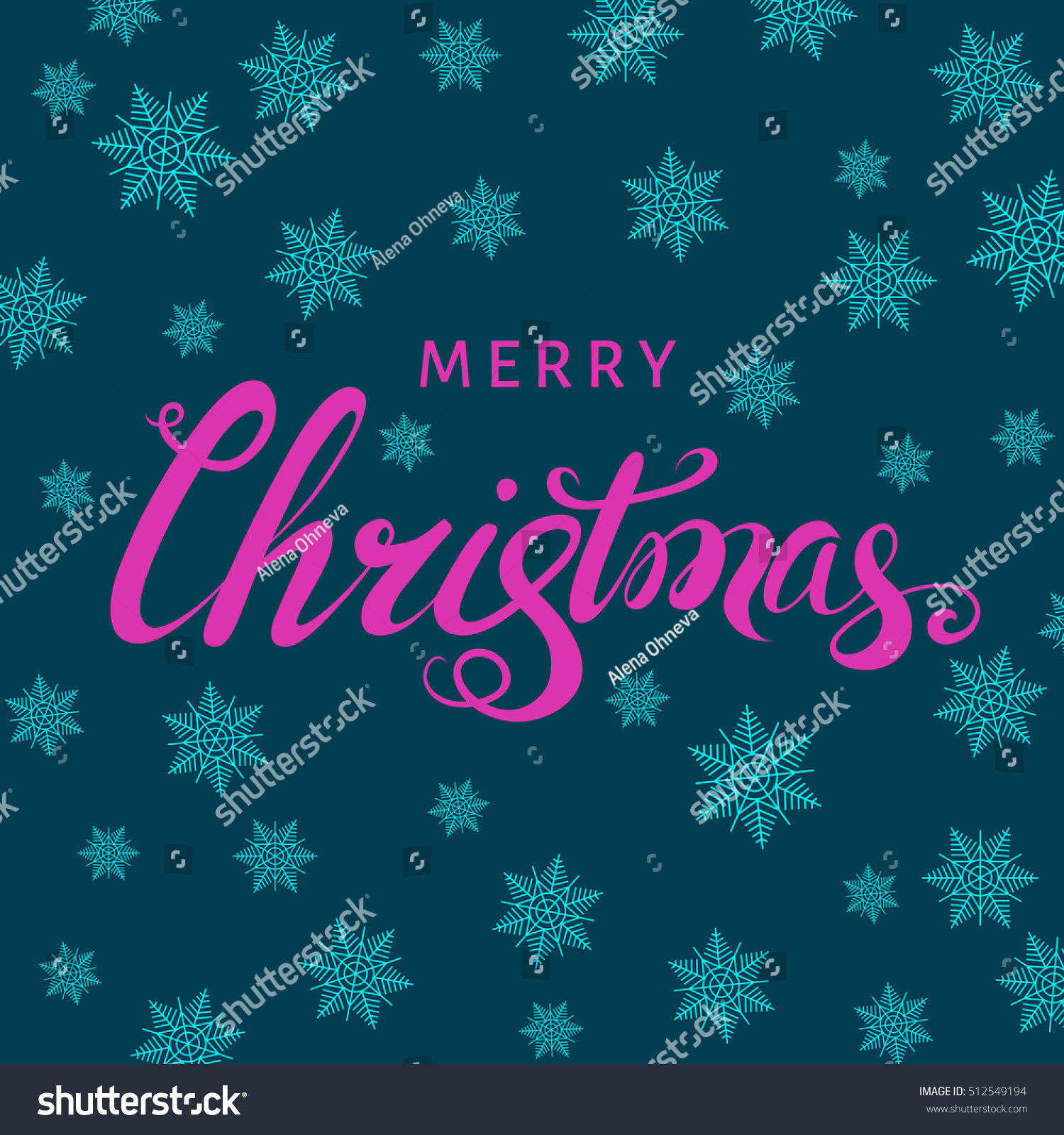 Merry Christmas Pink Hand Lettering With Snowflakes On Blue Background. Vector Greeting Card
