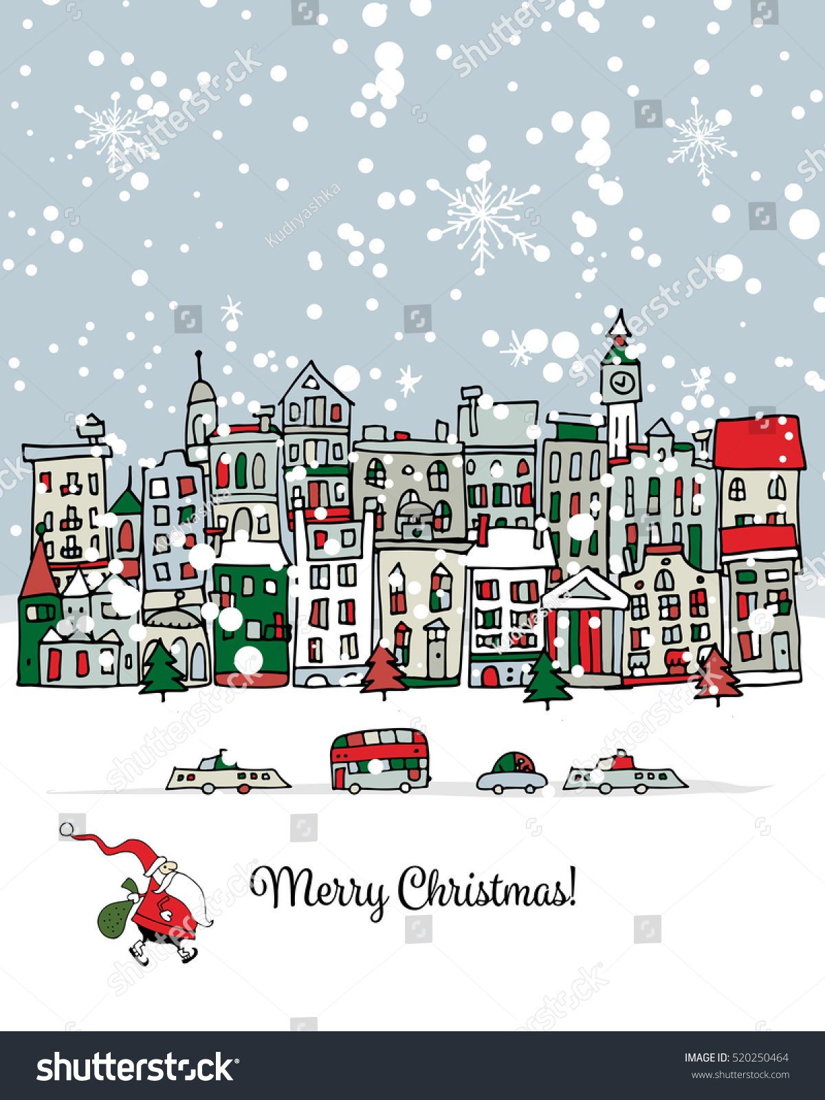 Merry christmas postcard with cityscape background Vector illustration