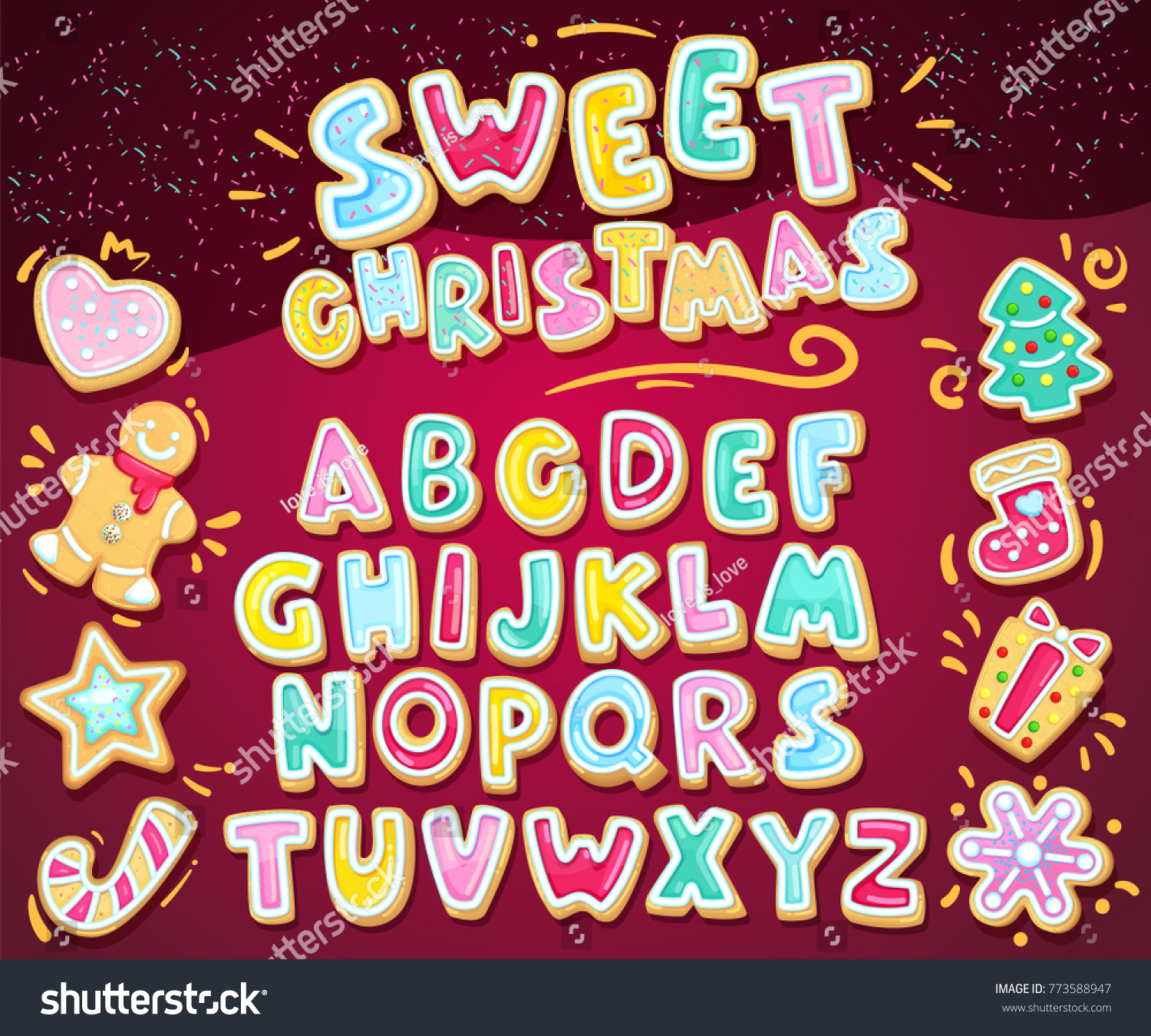 メリークリスマススイートフォント クッキーの文字と文字入りのジンジャーブレッドのクッキーをセットしたベクターホリデーイラスト ハート 雪片 モミの木 靴下 星 ギフト ロリポップ ジンジャーブレッドマン 漫画のアルファベット のベクター画像素材