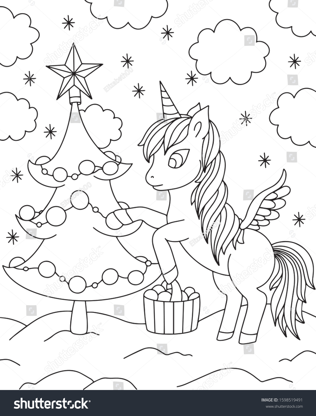 Merry Christmas Unicorn Coloring Hand Drawn Stock Vector Royalty ...