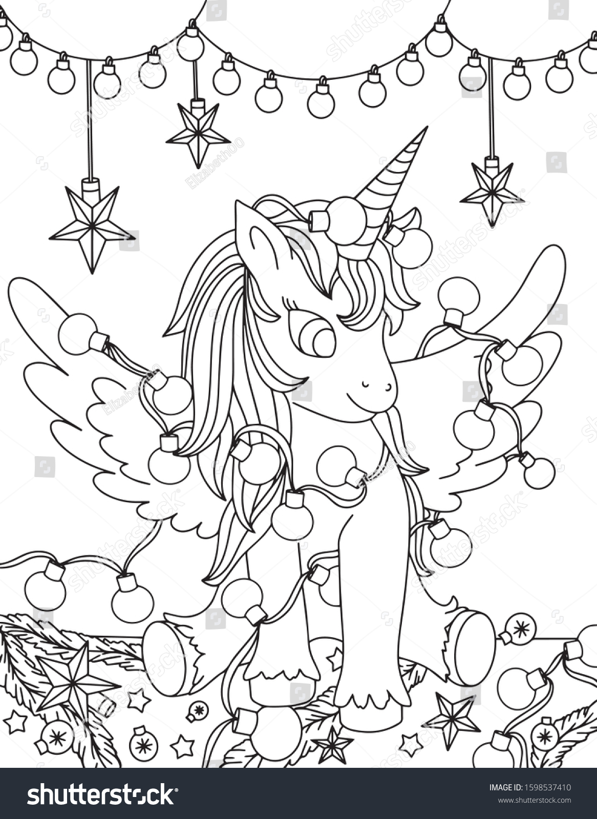 Merry Christmas Unicorn Coloring Hand Drawn Stock Vektorgrafik ...