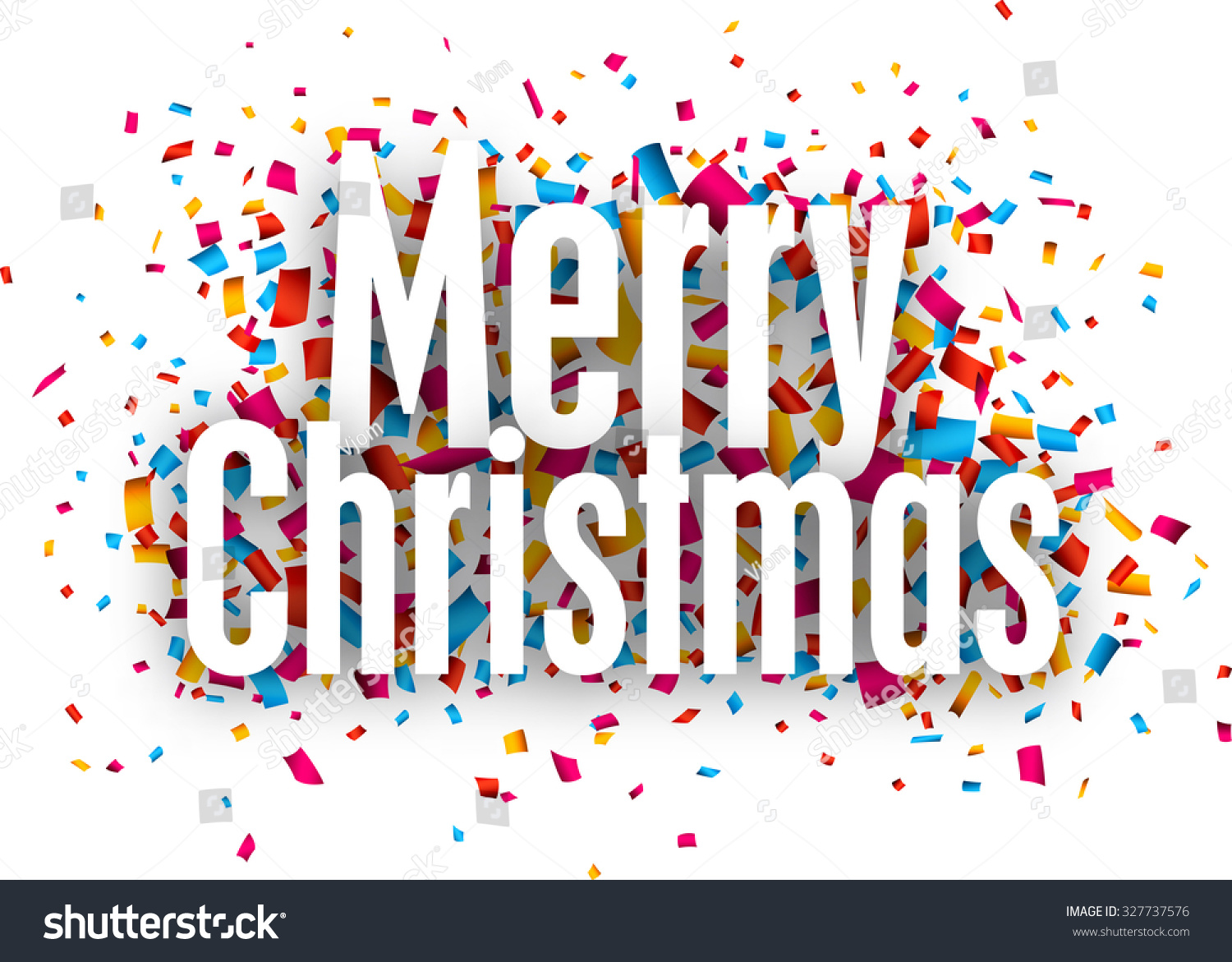 Merry Christmas White Paper Sign Over Confetti Vector Illustration 327737576 Shutterstock