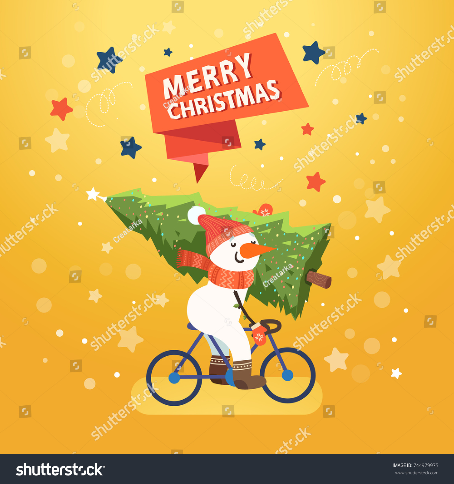 Merry Christmas with cute Snowman riding a bicycle Vector illustration template for Christmas cards