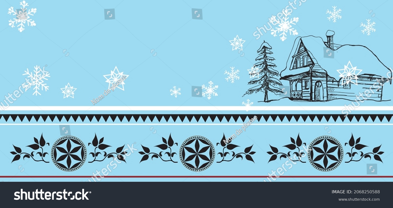 SVG of Mery Christmas 2021card  with creative background and snowflakes and christmas tree vector illustration. 
A background with elements of highlander folklore, a highlander's cottage.  svg