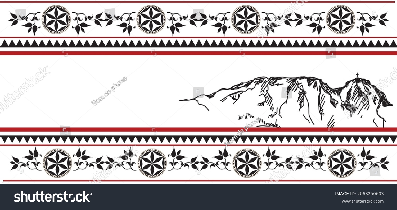 SVG of Mery Christmas 2021card  with creative background and snowflakes and christmas tree vector illustration. 
Background with elements of highlander folklore and a mountain peak drawn by hand.  svg