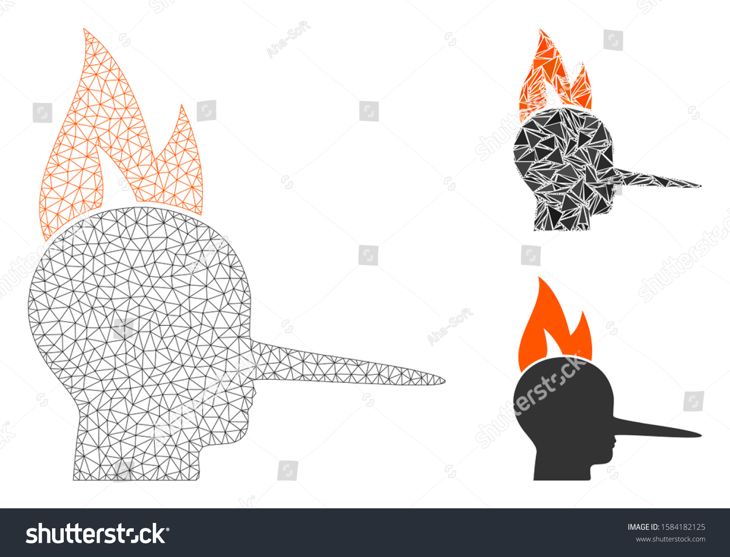 SVG of Mesh fired liar model with triangle mosaic icon. Wire frame polygonal mesh of fired liar. Vector collage of triangle parts in various sizes, and color shades. Abstract flat mesh fired liar, svg