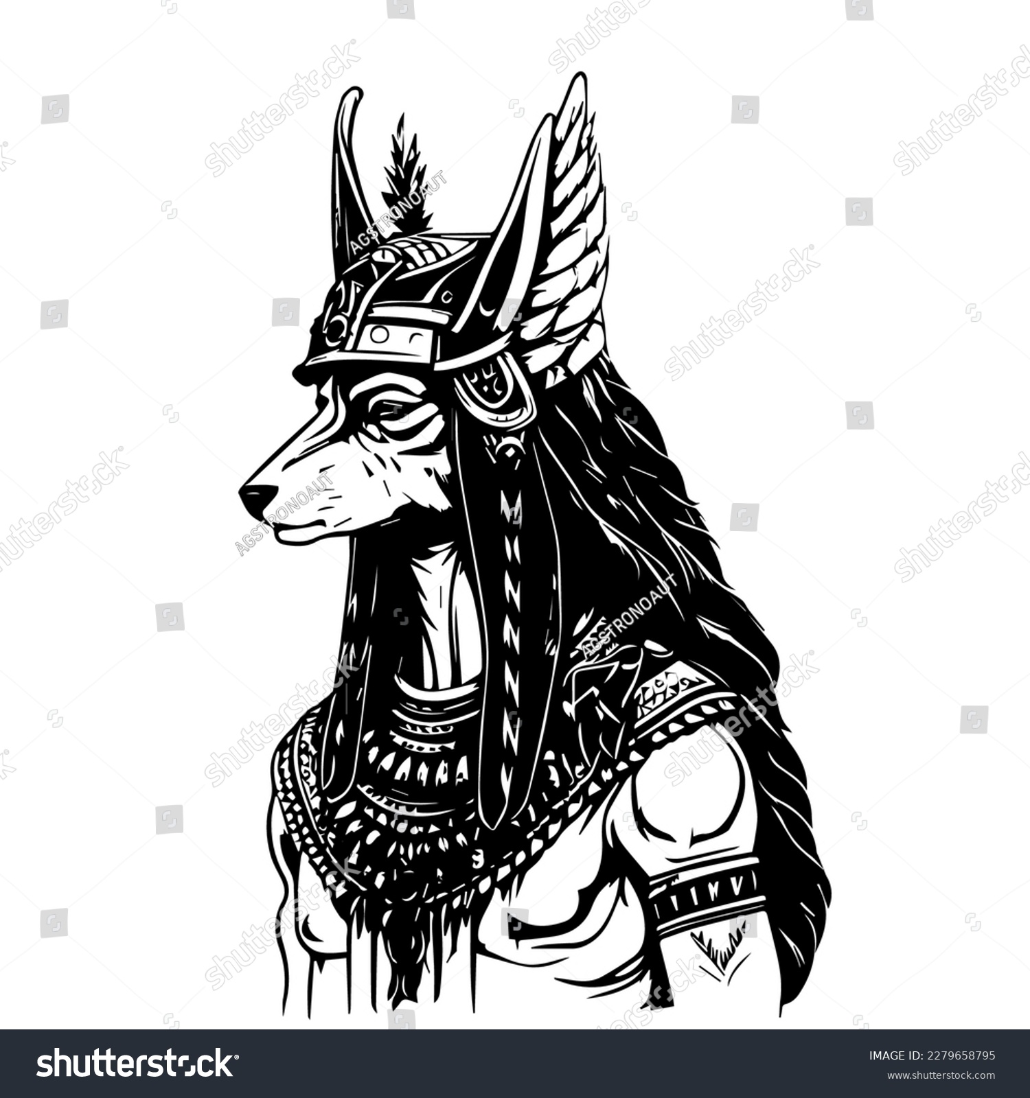 recommend clip art: Mesmerizing and striking Hand drawn line art illustration of Anubis head, showcasing the ancient Egyptian deity's power and mystery