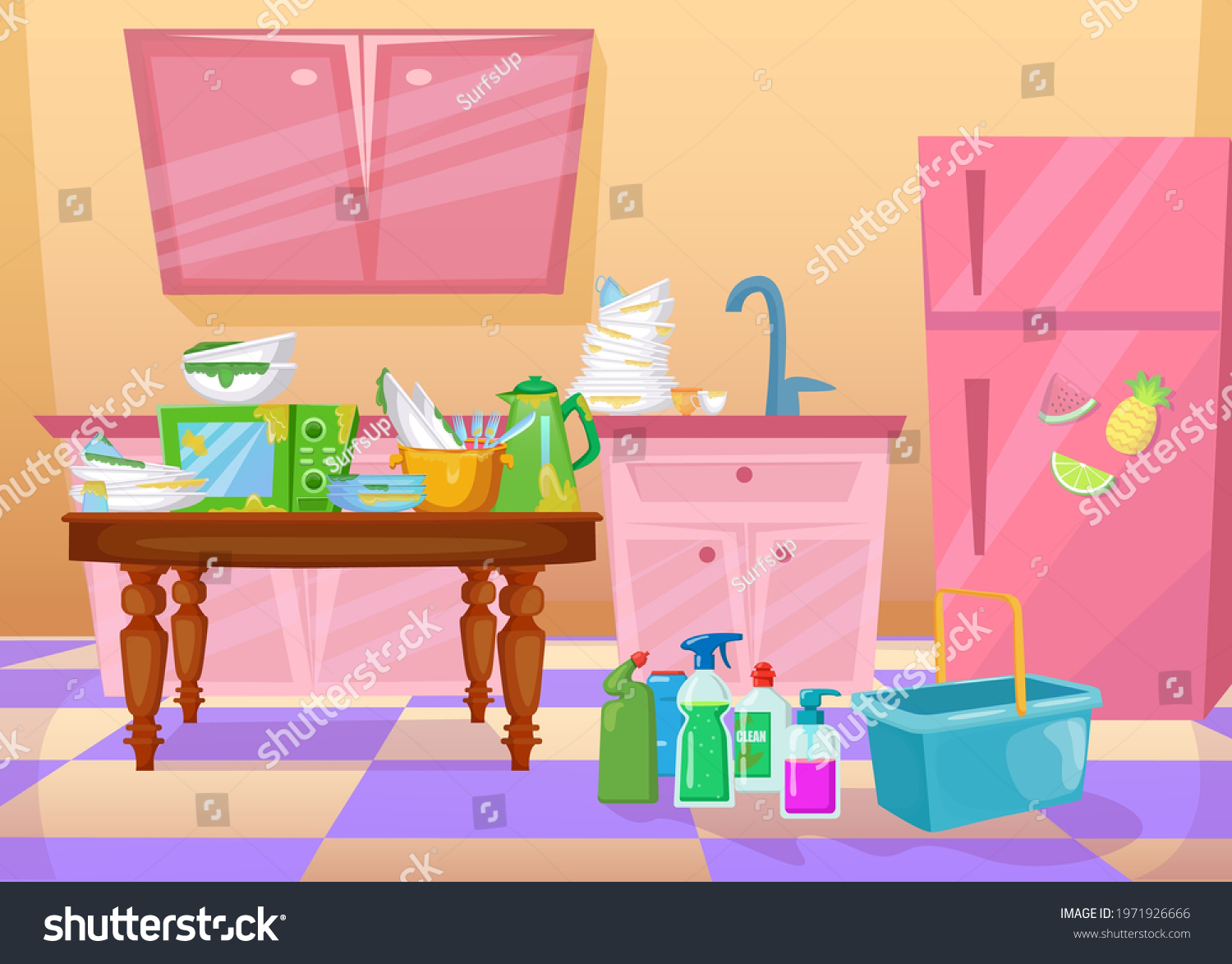 Stock Vector Mess In Kitchen Cartoon Vector Illustration Dirty Dishes Plates Utensils And Detergents In 1971926666 