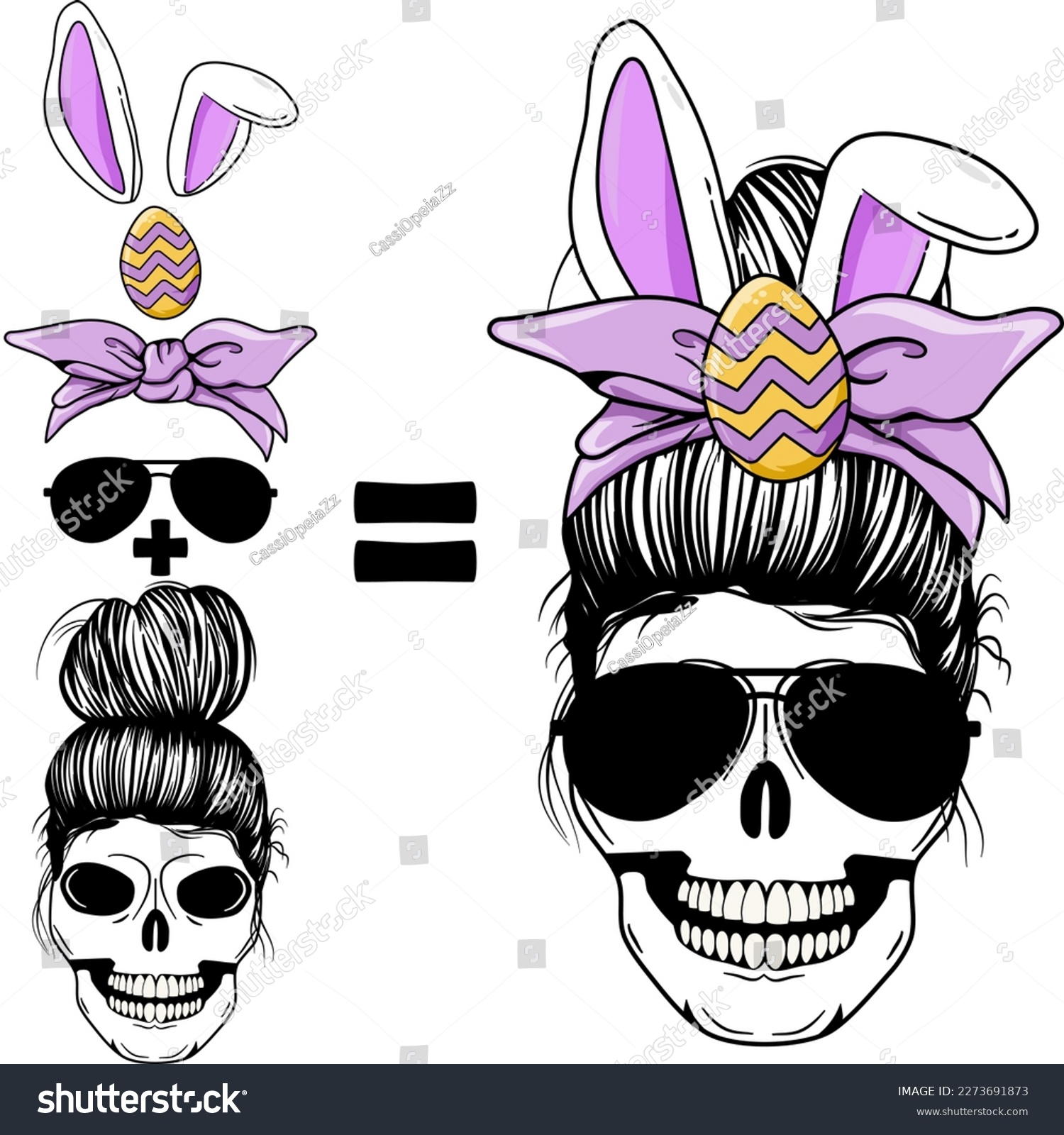 SVG of Messy Bun skeleton ,Messy Bun skeleton easter day T-Shirt , Mama skeleton Bunny Easter Collection Set , Easter messy bun Svg vector Illustration isolated on white background. girl face with messy hair svg