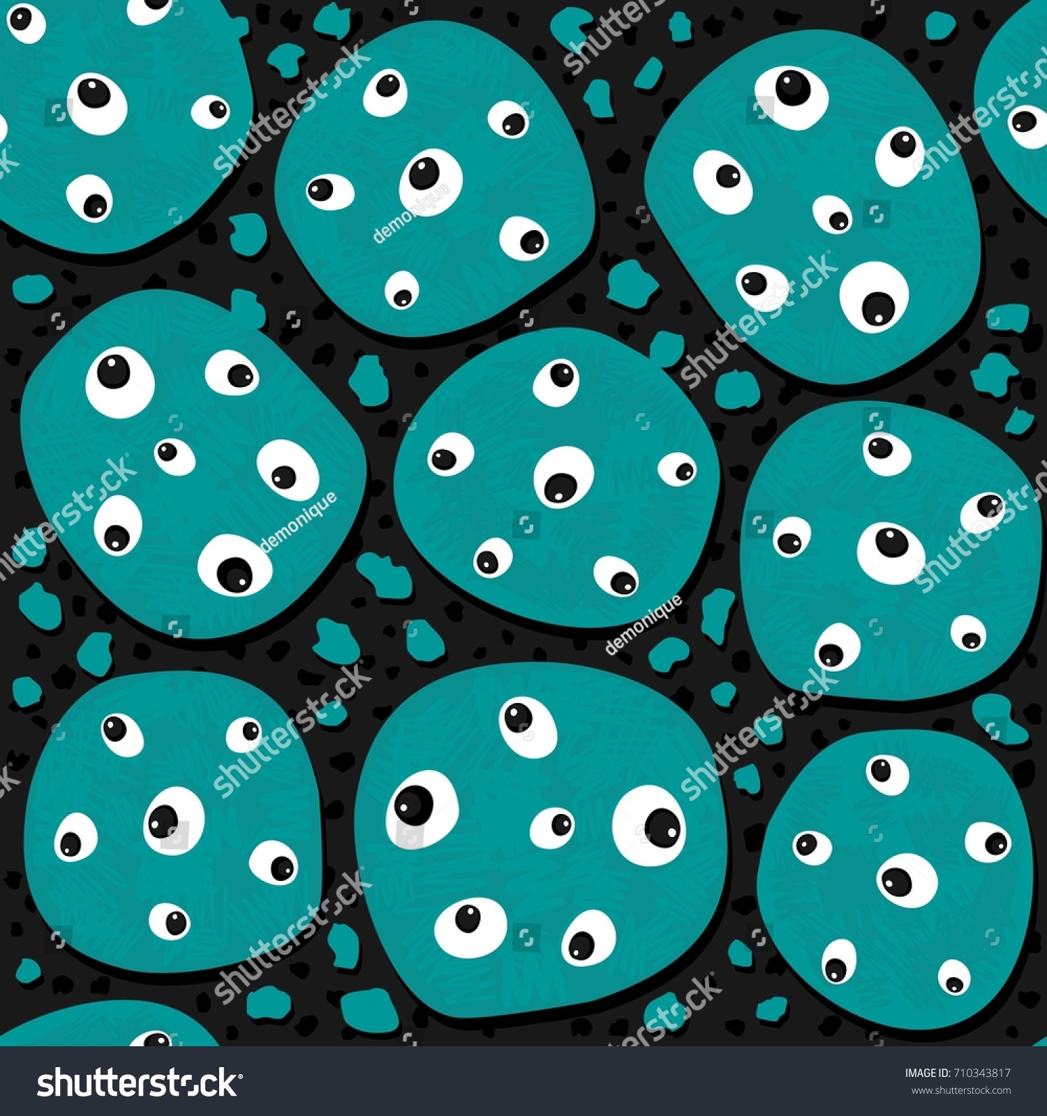 SVG of messy seasonal halloween seamless pattern with turquoise monster cookies with eyes on dark background svg