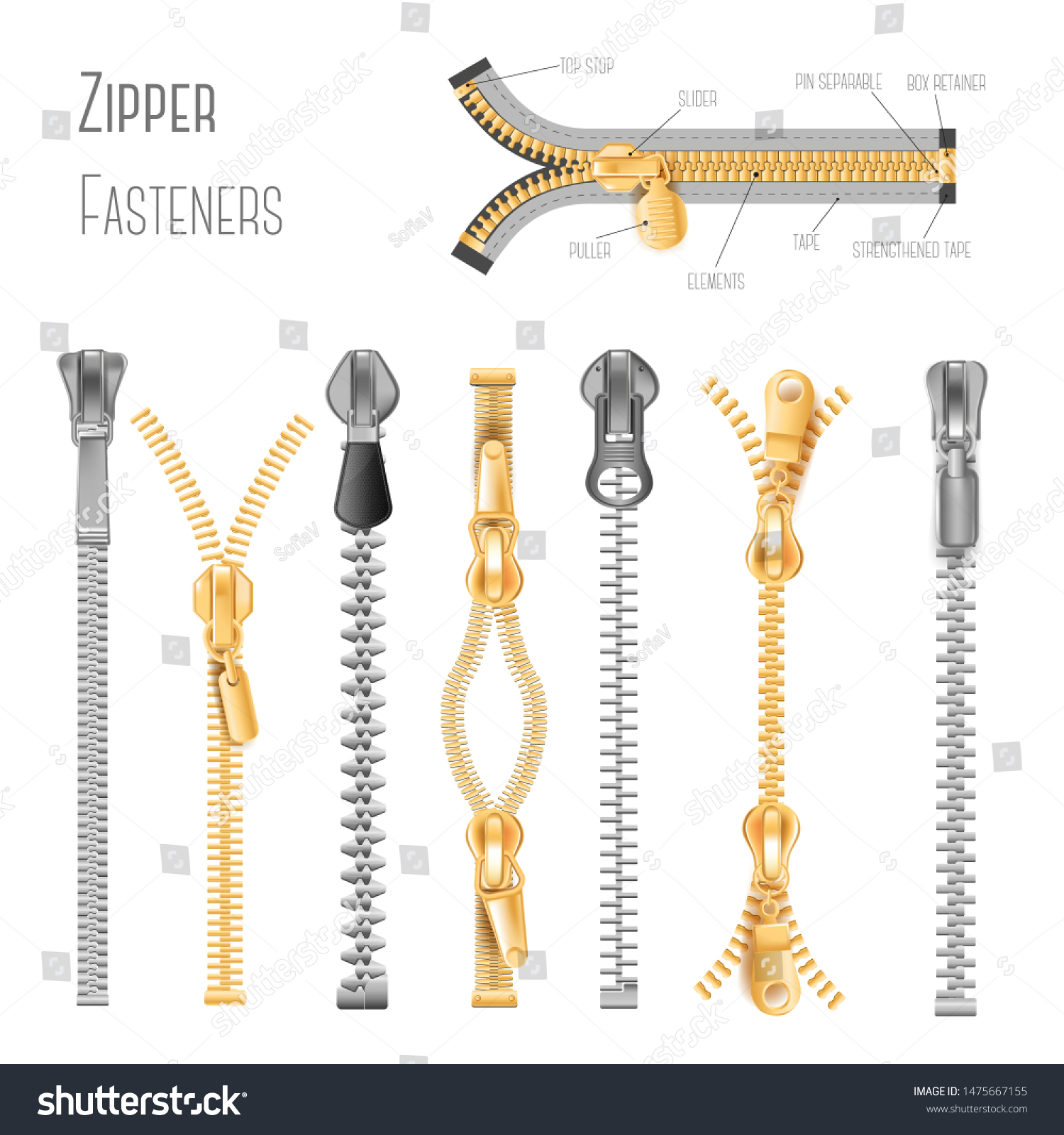 SVG of Metal and plastic fasteners, zippers isolated vector objects. Garment components and handbag accessories, realistic zippered accessories. Close and open positions, golden and silver, metallic pullers svg