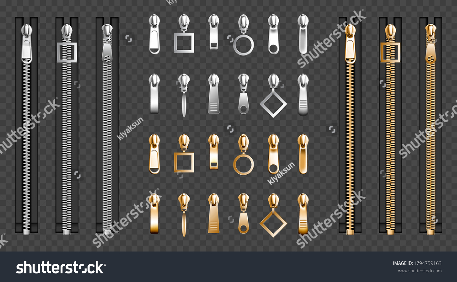 SVG of Metal zip fasteners, silver golden zippers with differently shaped puller and closed black fabric tape, clothing hardware isolated on transparent background, Realistic 3d vector illustration, set svg