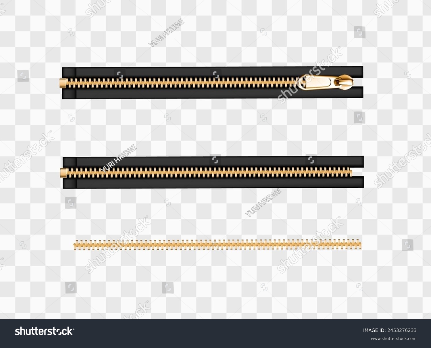 SVG of Metal zip fasteners, silver golden zippers with differently shaped puller and closed black fabric tape, clothing hardware isolated on transparent background, Realistic 3d vector illustration svg