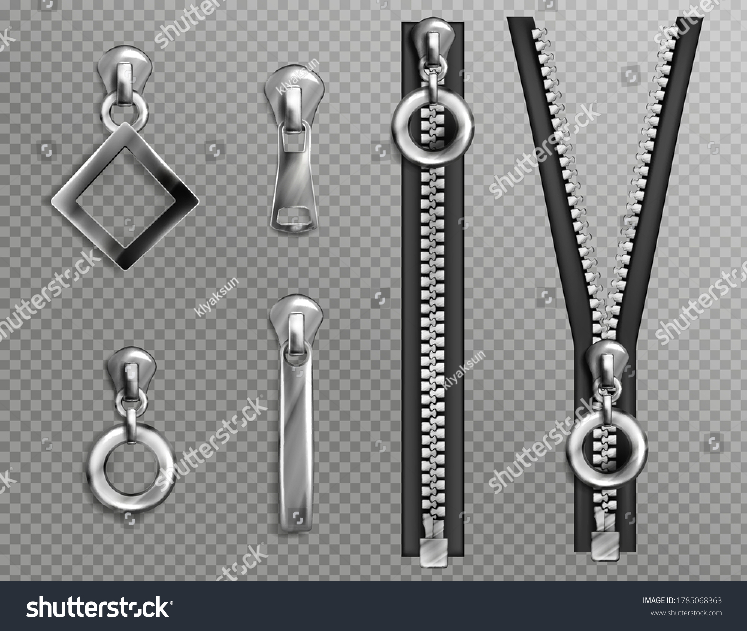 SVG of Metal zip fasteners, silver zippers with differently shaped puller and open or closed black fabric tape, clothing hardware isolated on transparent background, Realistic 3d vector illustration, set svg