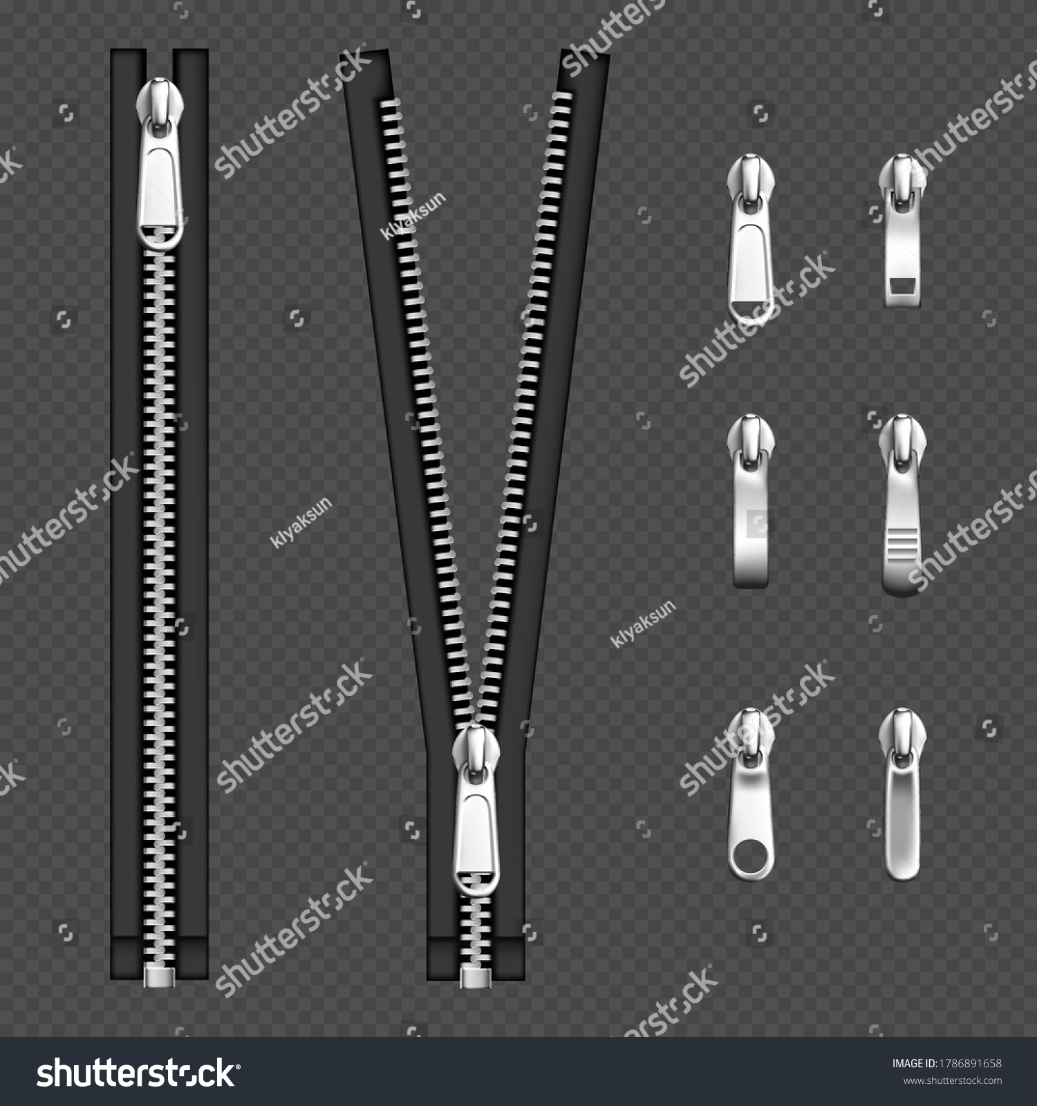 SVG of Metal zip fasteners, silver zippers with differently shaped puller and open or closed black fabric tape, clothing hardware isolated on transparent background, Realistic 3d vector illustration, set svg