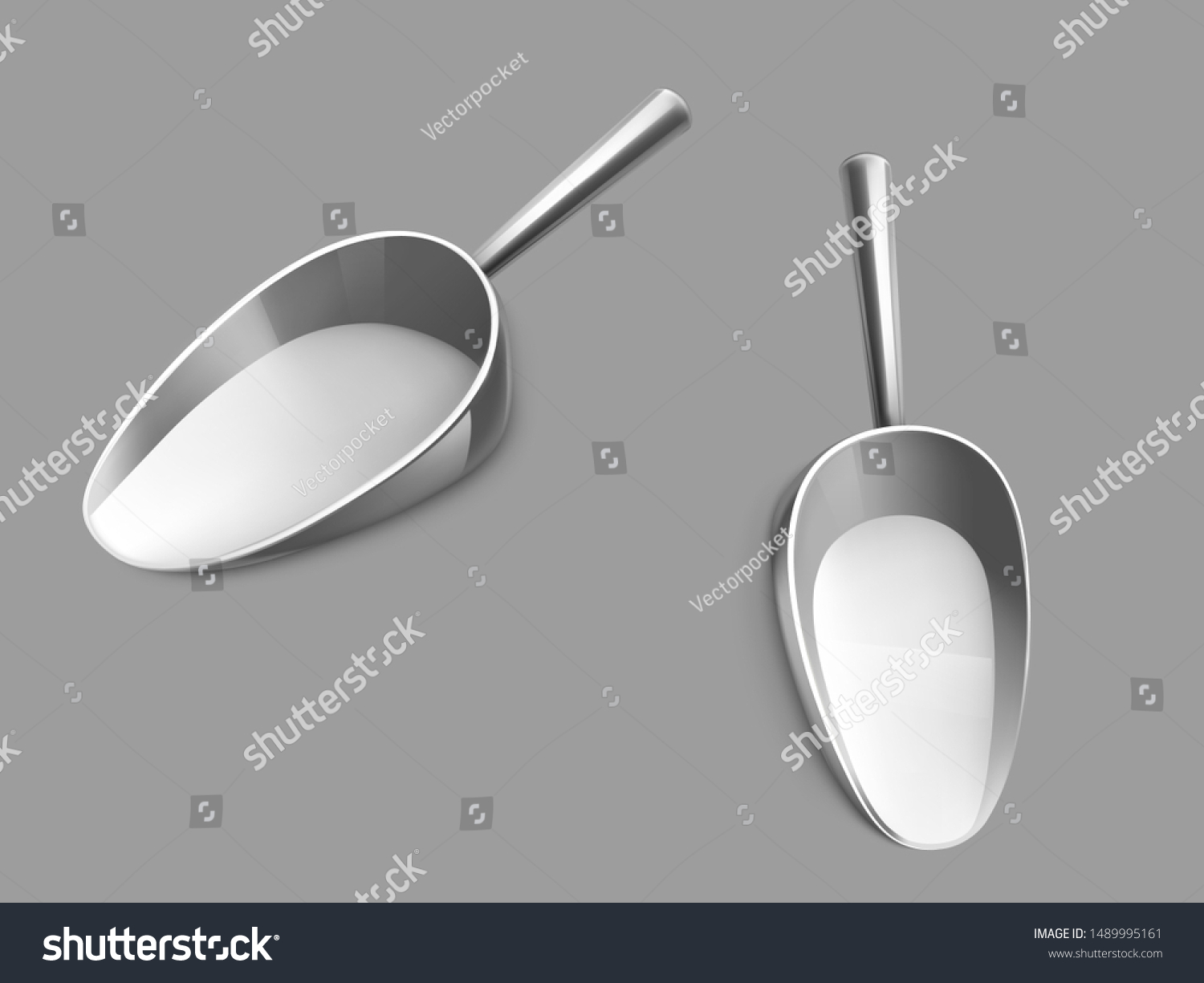 SVG of Metallic or stainless steel scoop with glossy chrome handle side, top view 3d realistic vector isolated on grey background. Kitchen utensil, grocery store tool for bulk goods filling illustration svg