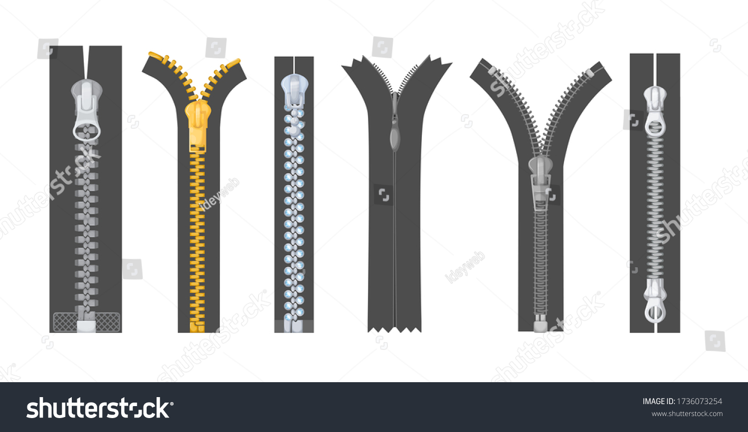 SVG of Metallic silver golden zipper with pulls. Realistic differents fastener with pullers for cloth, dress, pants, shoes or bags. Open and closed lock. Vector zipper isolated svg