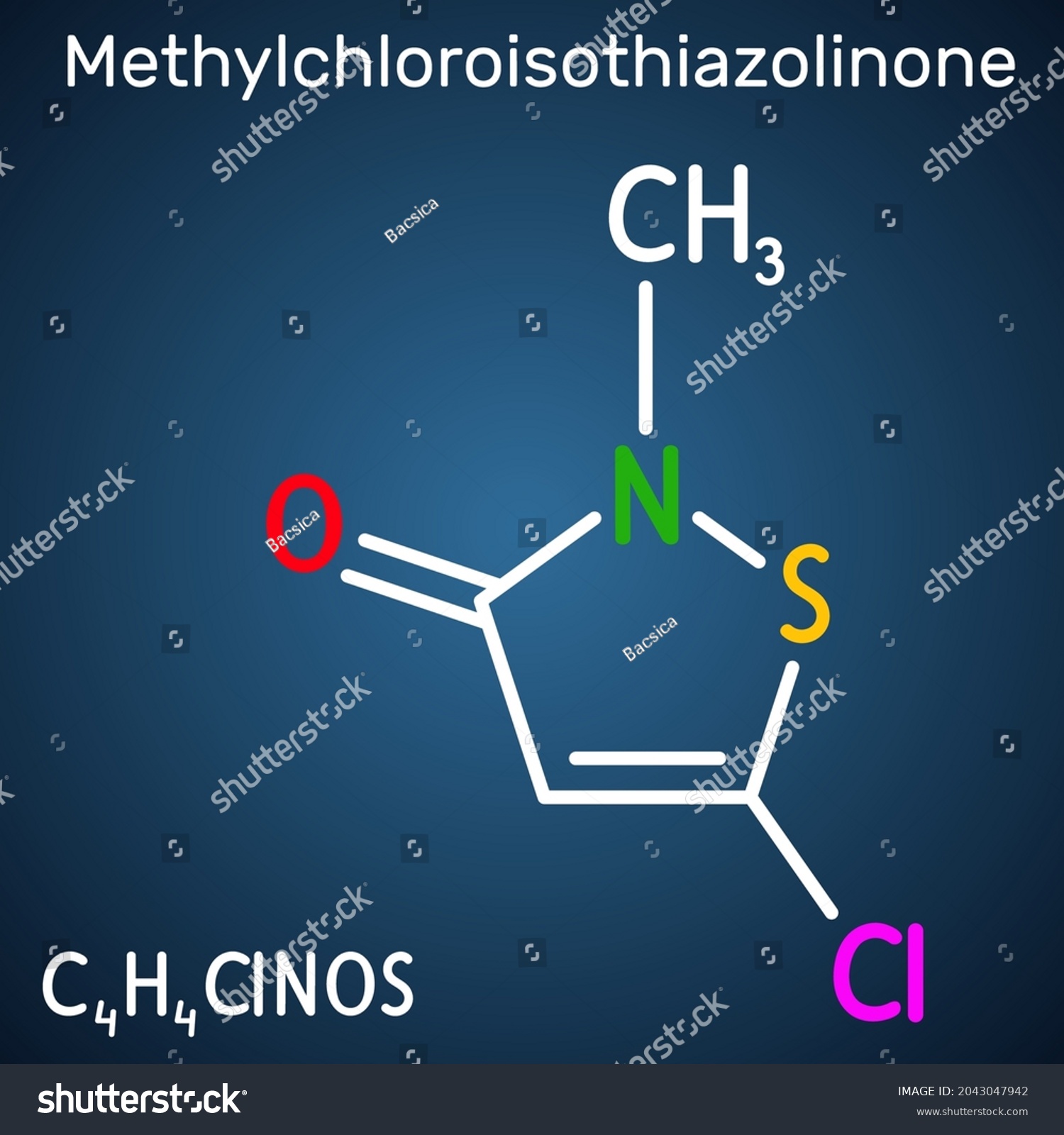 SVG of Methylchloroisothiazolinone, MCI molecule. It is Isothiazolinone, powerful biocide and preservative with antibacterial, antifungal properties. Structural chemical formula on the dark blue background.  svg