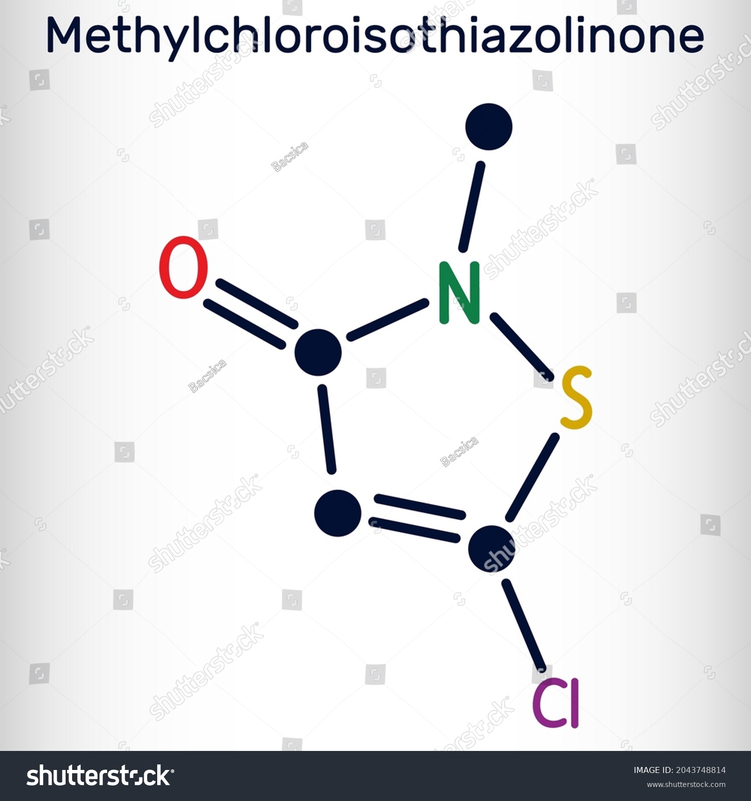 SVG of Methylchloroisothiazolinone, MCI molecule. It is Isothiazolinone, powerful biocide and preservative with antibacterial, antifungal properties. Skeletal chemical formula. Illustration svg