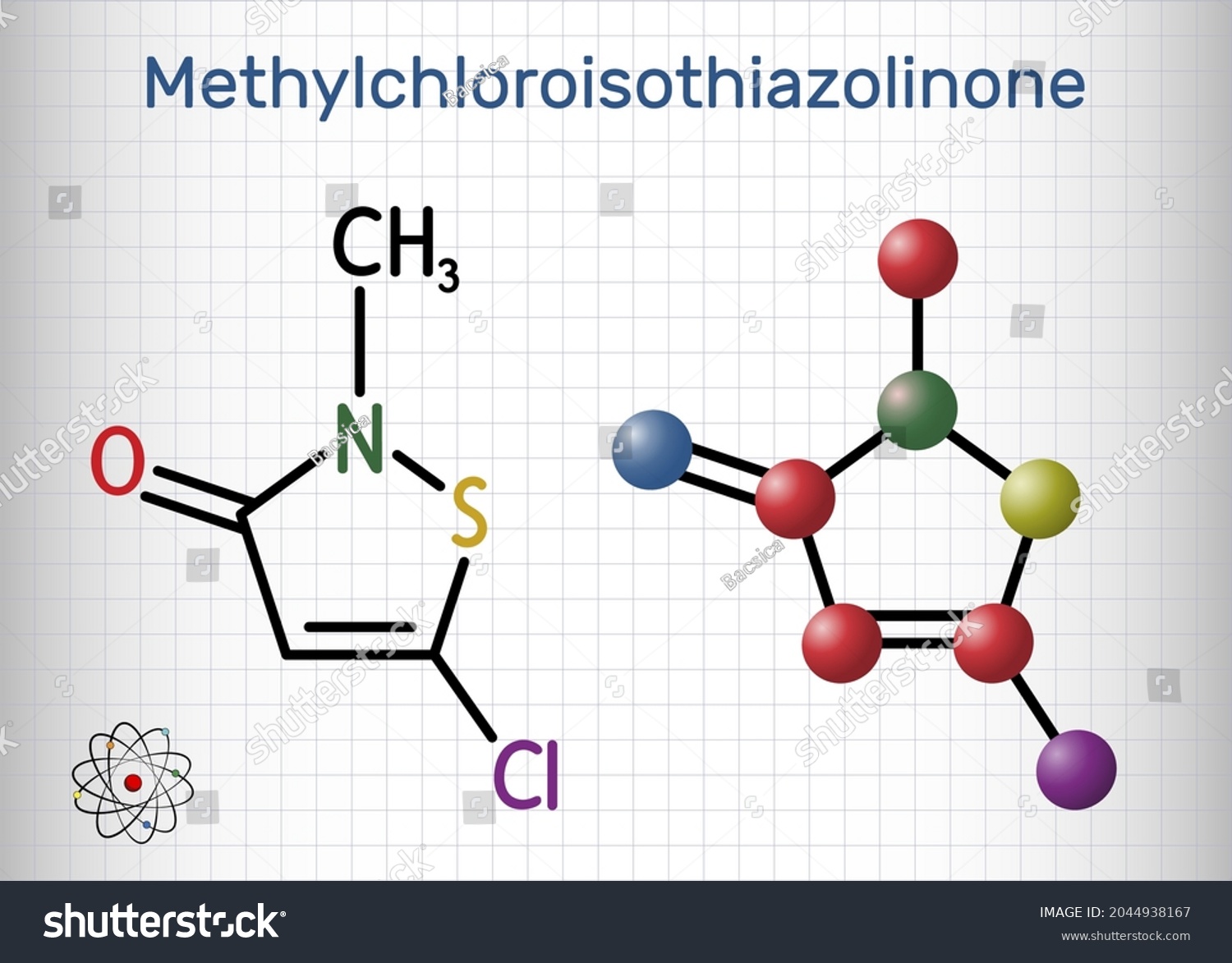 SVG of Methylchloroisothiazolinone, MCI molecule. It is Isothiazolinone, powerful biocide and preservative with antibacterial, antifungal properties. Sheet of paper in a cage. Vector illustration svg
