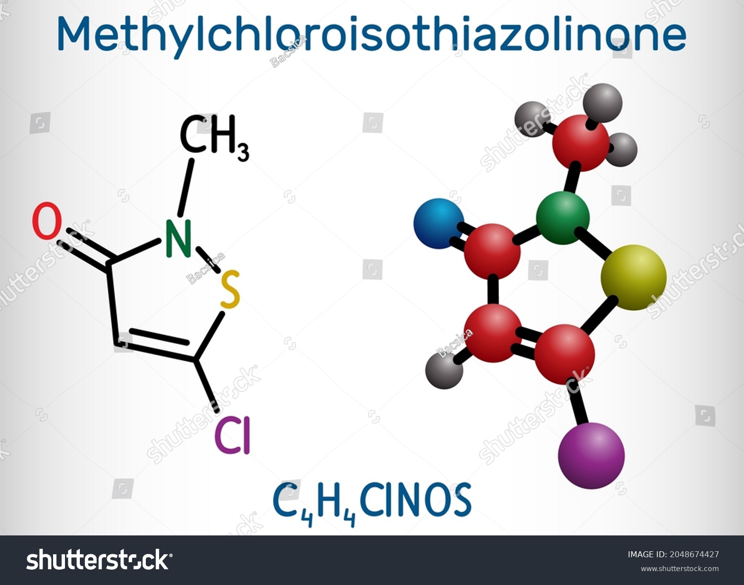 SVG of Methylchloroisothiazolinone, MCI molecule. It is Isothiazolinone, powerful biocide and preservative with antibacterial, antifungal properties. Structural chemical formula, molecule model. Vector  svg