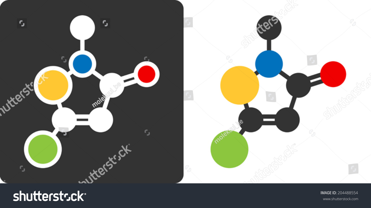 SVG of Methylchloroisothiazolinone preservative molecule, flat icon style. Atoms shown as color-coded circles (oxygen - red, carbon - white/grey, sulfur - yellow, nitrogen - blue, chlorine - green, etc) svg