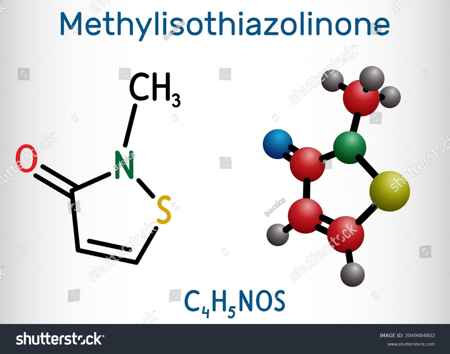 SVG of Methylisothiazolinone, MIT, MI molecule. It is preservative, powerful biocide and preservative. Structural chemical formula and molecule model. Vector illustration svg