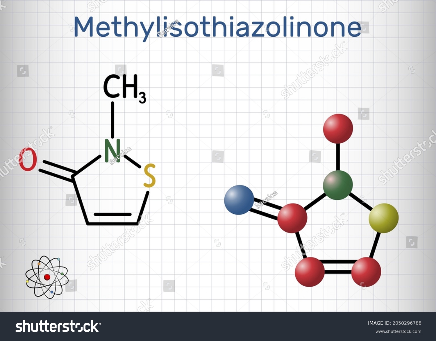 SVG of Methylisothiazolinone, MIT, MI molecule. It is preservative, powerful biocide and preservative. Structural chemical formula and molecule model. Sheet of paper in a cage. Vector illustration svg