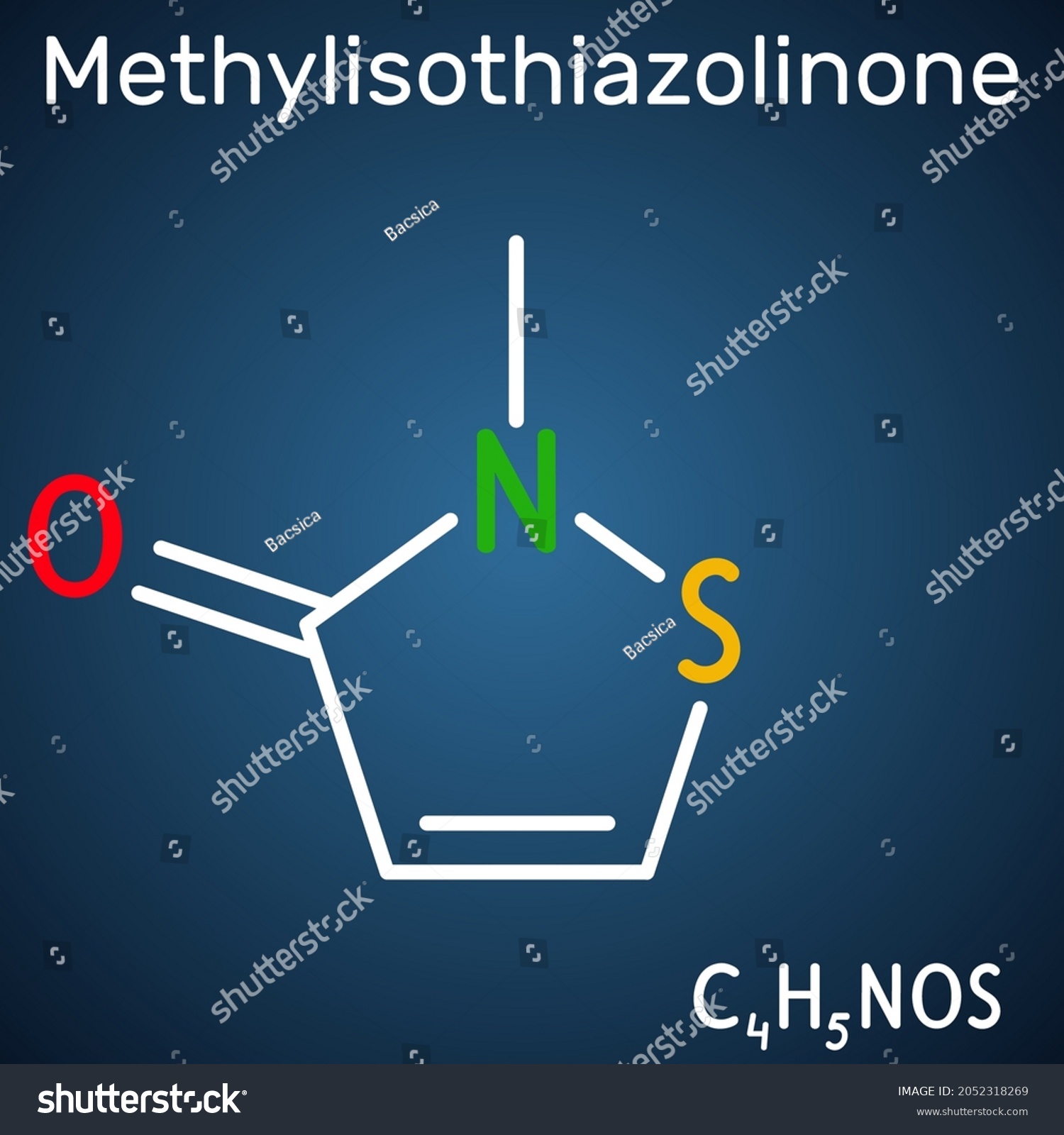 SVG of Methylisothiazolinone, MIT, MI molecule. It is preservative, powerful biocide and preservative. Structural chemical formula on the dark blue background. Vector illustration svg