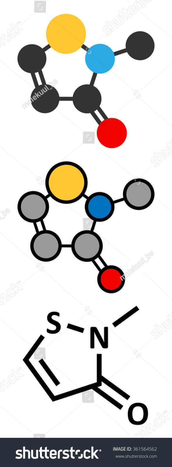 SVG of Methylisothiazolinone (MIT, MI) preservative molecule. Often used in water-based products, e.g. cosmetics. Stylized 2D renderings and conventional skeletal formula.  svg