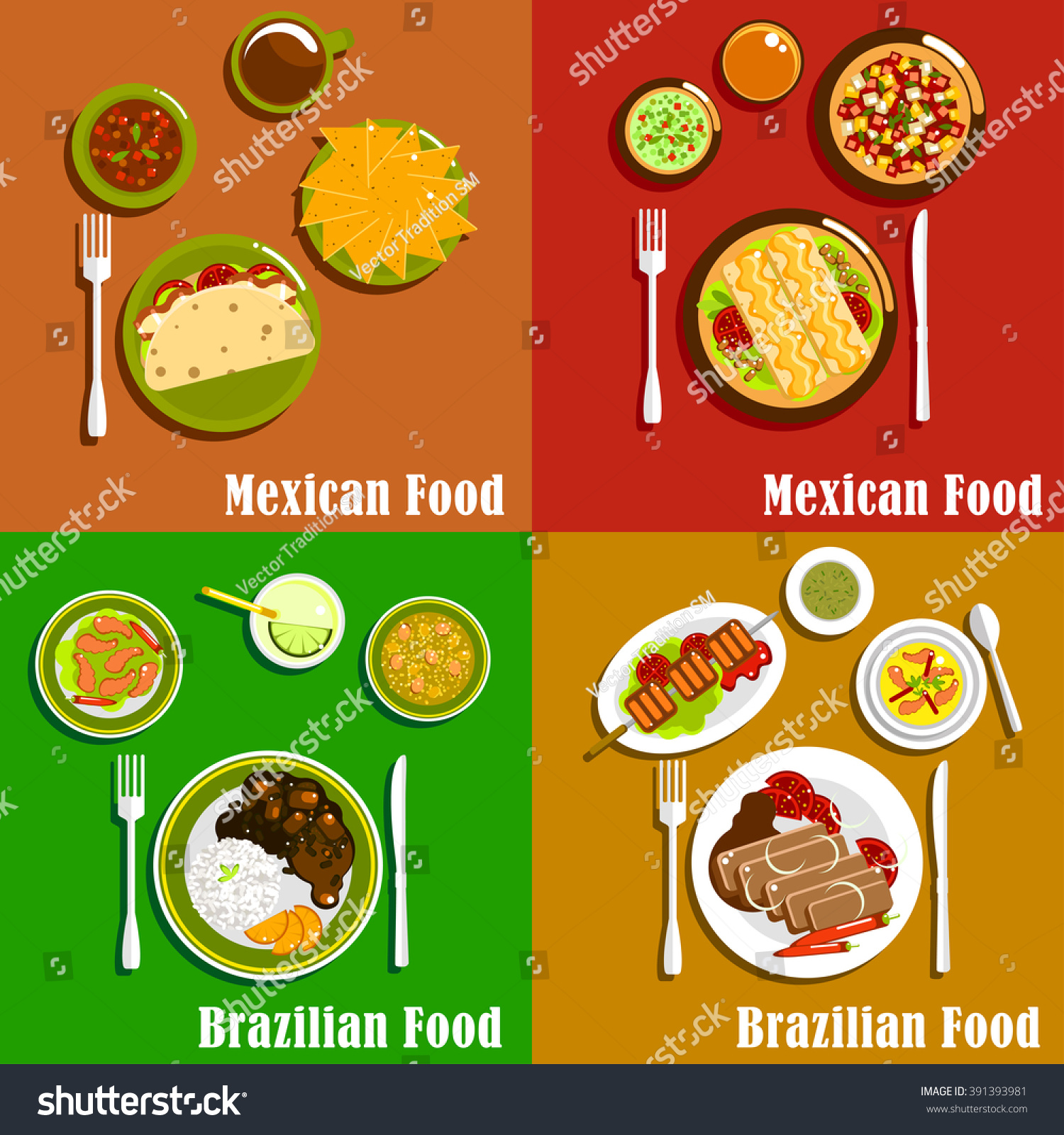 Mexican Brazilian Cuisine Tacos Nachos Enchiladas Stock Vector (Royalty