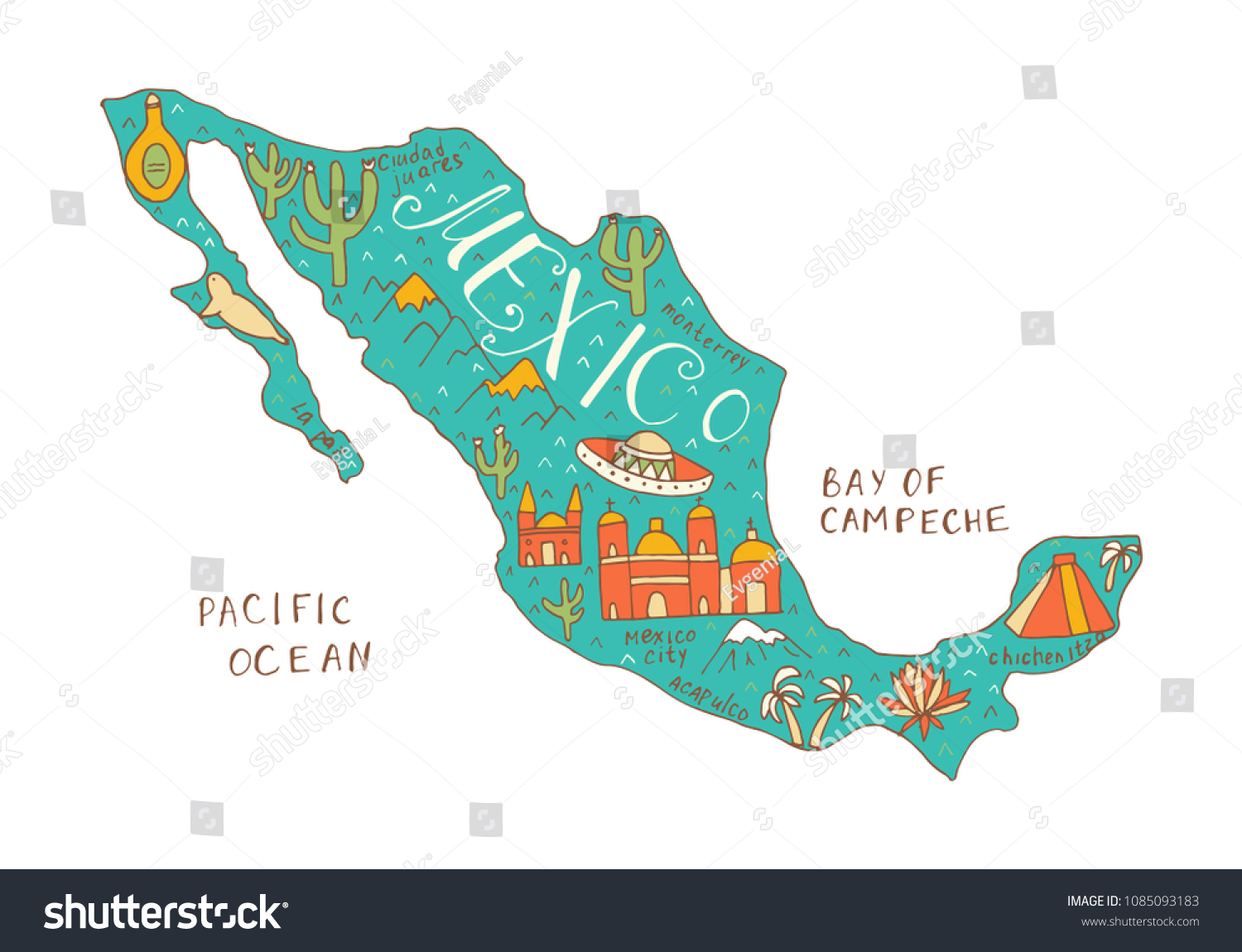 Mexican Attractions Tourists Travelers Map Poster Stock Vector Royalty