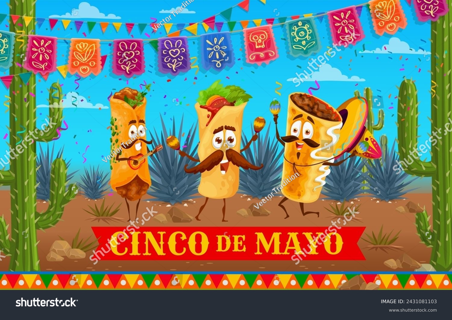 SVG of Mexican burrito, enchilada and chimichanga food characters on holiday party. Vector festive banner with funny tex mex personages wear mariachi sombrero playing maracas, and guitar in decorated desert svg
