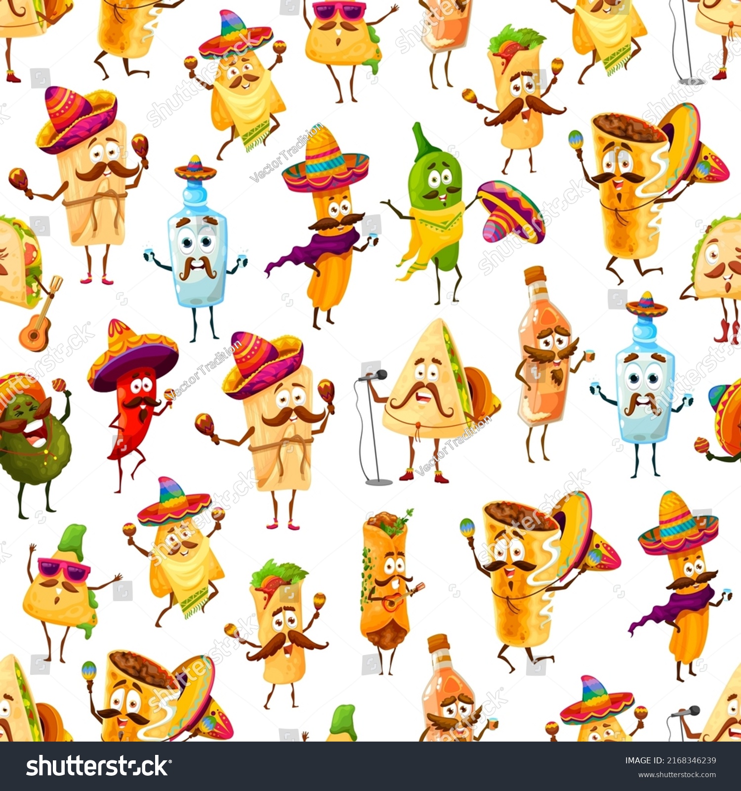 SVG of Mexican cartoon Tex Mex food characters seamless pattern, vector background. Mexican cuisine food and drinks pattern of funny burrito, taco and tequila in sombrero with guitar and maracas on fiesta svg