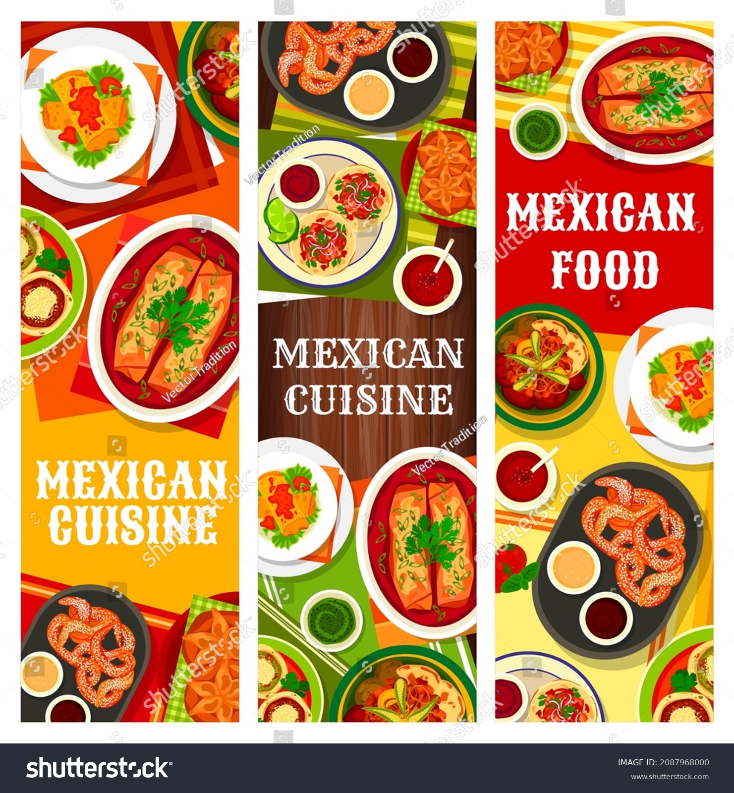 SVG of Mexican cuisine food banners, Mexico dishes menu of traditional dinner and lunch meals. Latin America cuisines, Mexican national food dishes, tacos, burritos, chicken enchilada and chimichanga svg