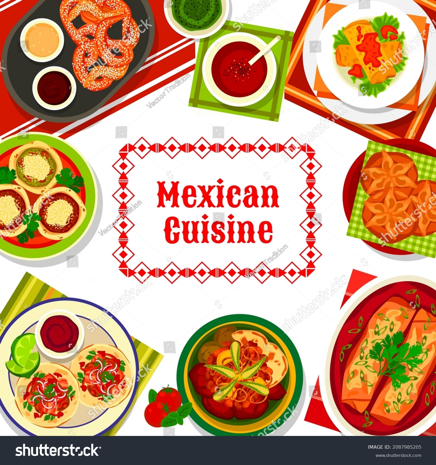SVG of Mexican cuisine food, Mexico dishes and meals menu, vector burritos and tacos. Mexican food traditional dinner and spicy salsa sauces for chicken enchilada, meat stew molcajetes and chimichanga svg