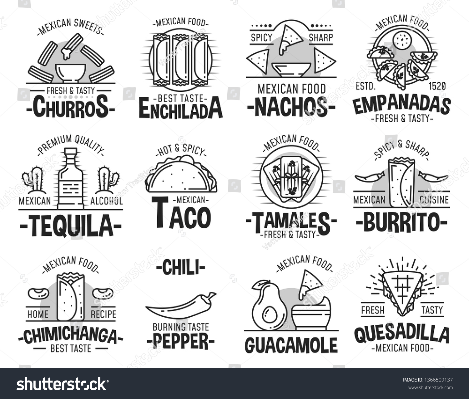 SVG of Mexican cuisine restaurant or cafe icons. Vector sweet churros dessert, taco or burrito and quesadilla, nachos with avocado guacamole salsa and cimichanga, tequila and enchilada svg