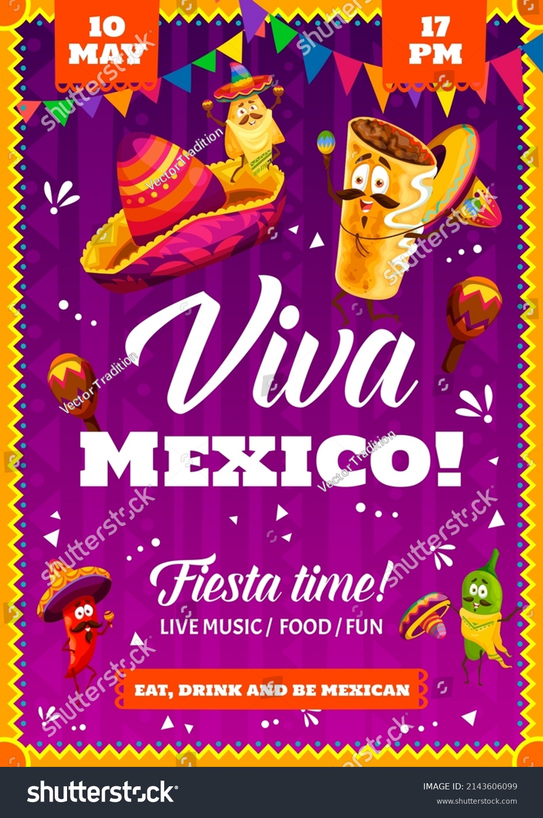 SVG of Mexican fiesta party flyer or poster with cartoon mexican jalapeno and chili peppers, chimichanga funny characters. Holiday celebration party with mexican traditional fast food, music and sombrero hat svg